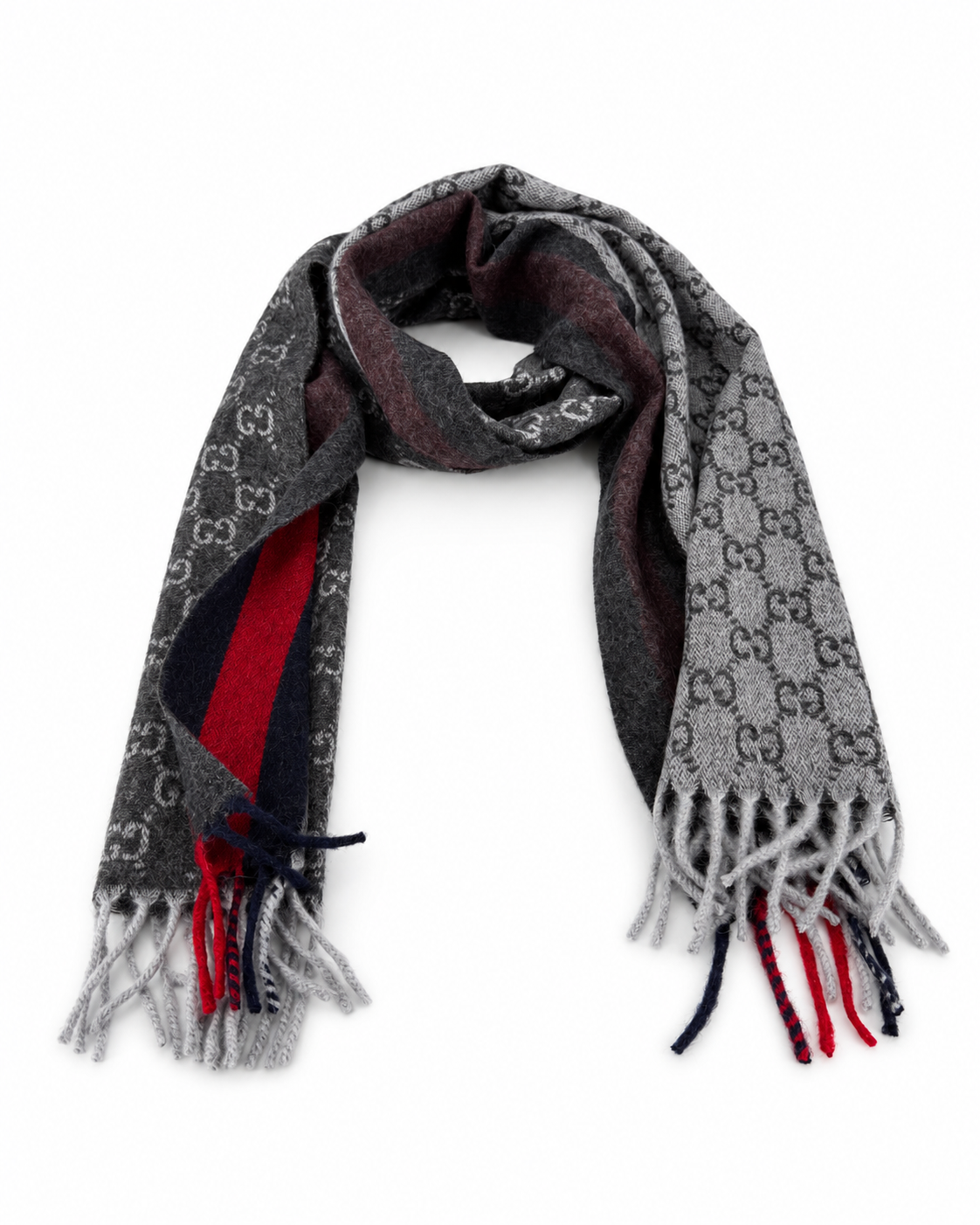 Gucci Gucci Monogram Charcoal Grey Cashmere & Wool Scarf with Red & Navy Stripe