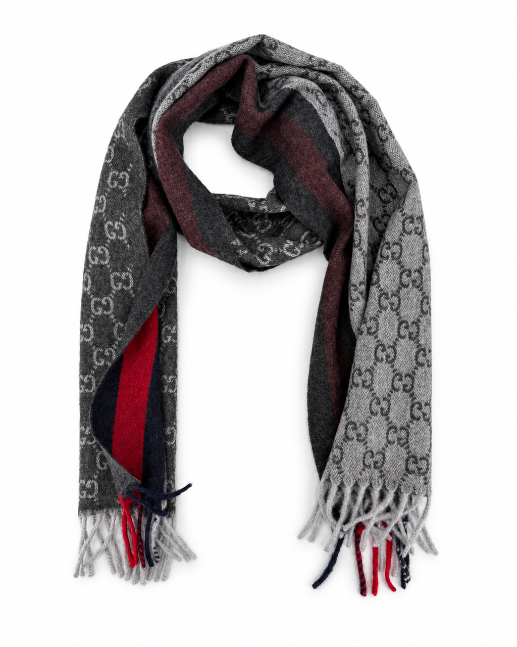 Gucci Gucci Monogram Charcoal Grey Cashmere & Wool Scarf with Red & Navy Stripe
