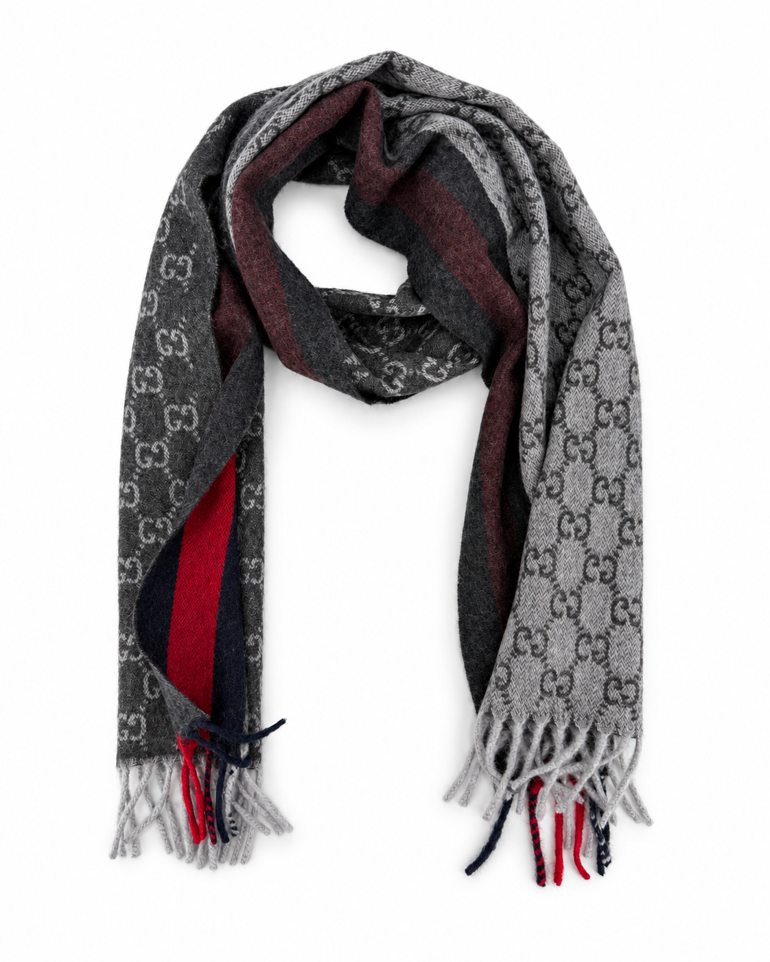 Gucci Gucci Monogram Charcoal Grey Cashmere & Wool Scarf with Red & Navy Stripe