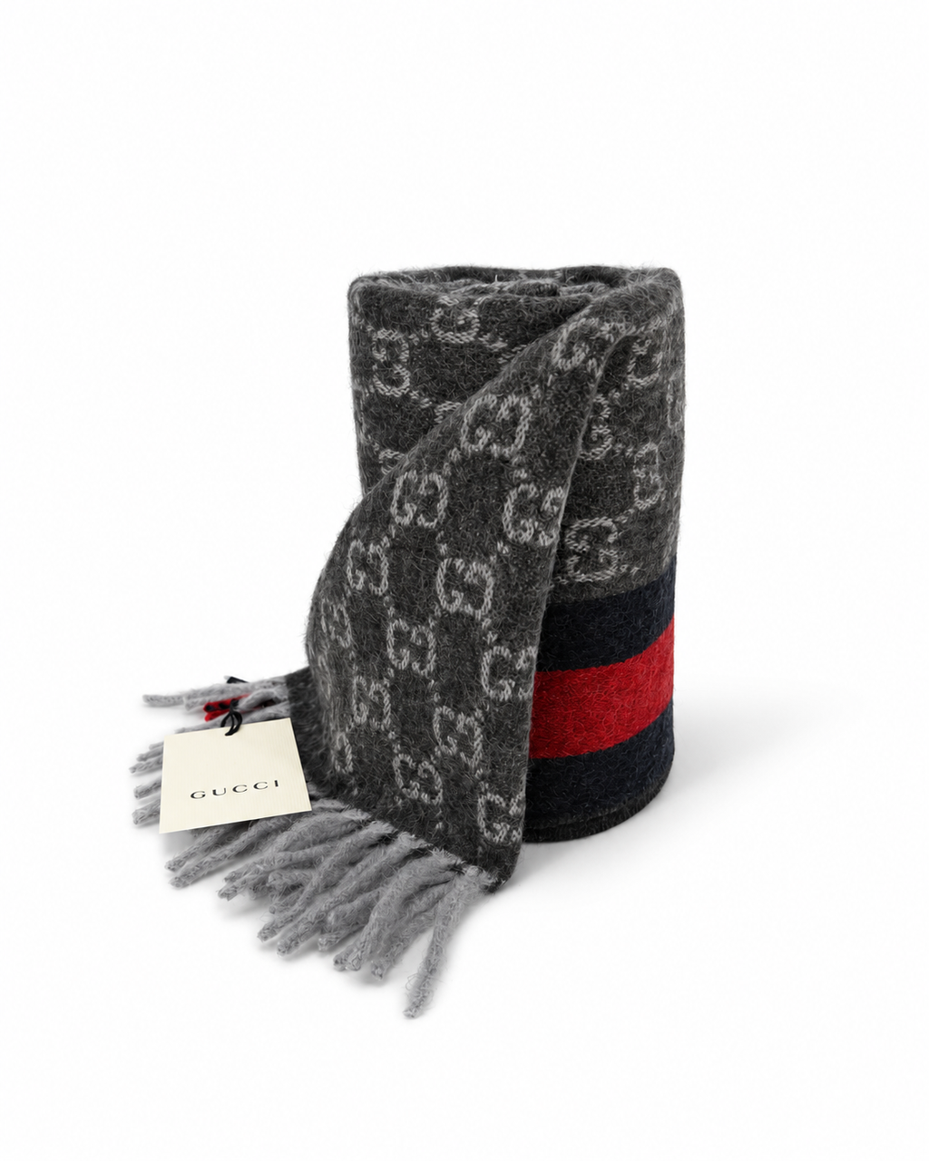 Gucci Gucci Monogram Charcoal Grey Cashmere & Wool Scarf with Red & Navy Stripe