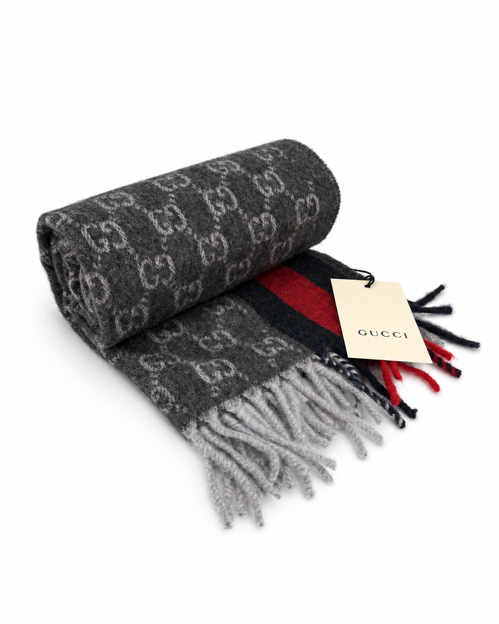 Gucci Gucci Monogram Charcoal Grey Cashmere & Wool Scarf with Red & Navy Stripe