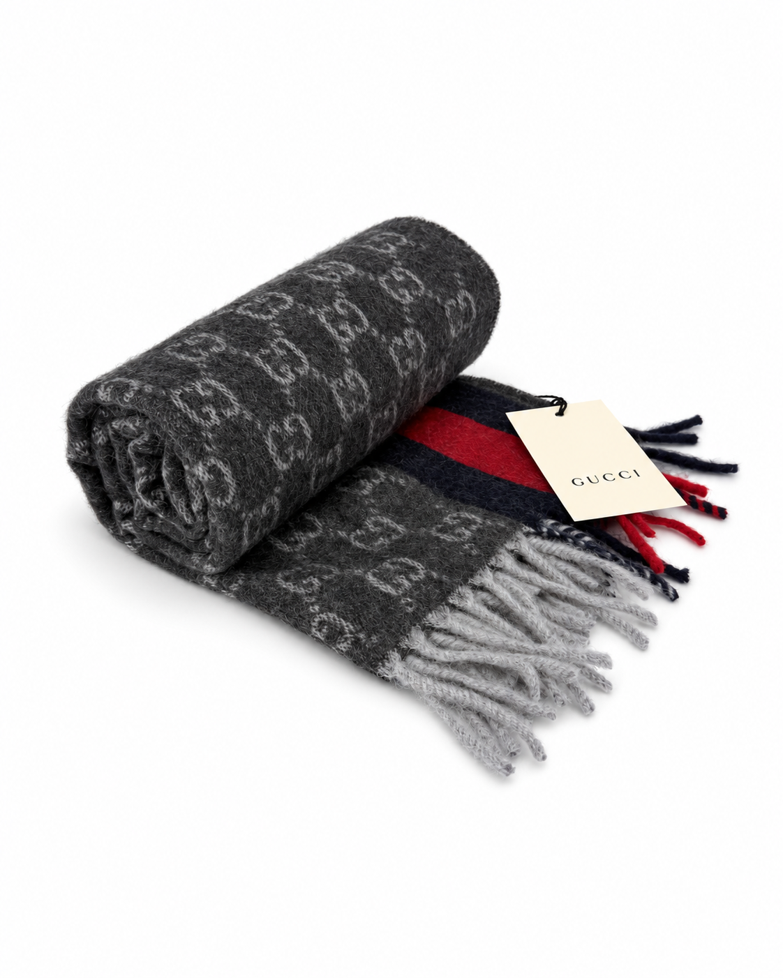 Gucci Gucci Monogram Charcoal Grey Cashmere & Wool Scarf with Red & Navy Stripe