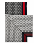 Gucci Gucci Monogram Charcoal Grey Cashmere & Wool Scarf with Red & Navy Stripe