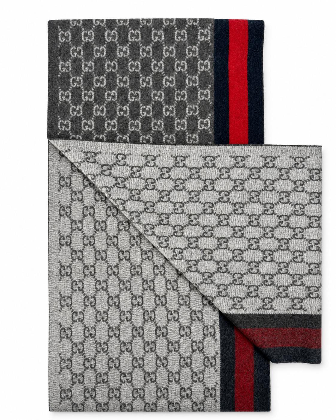Gucci Gucci Monogram Charcoal Grey Cashmere & Wool Scarf with Red & Navy Stripe