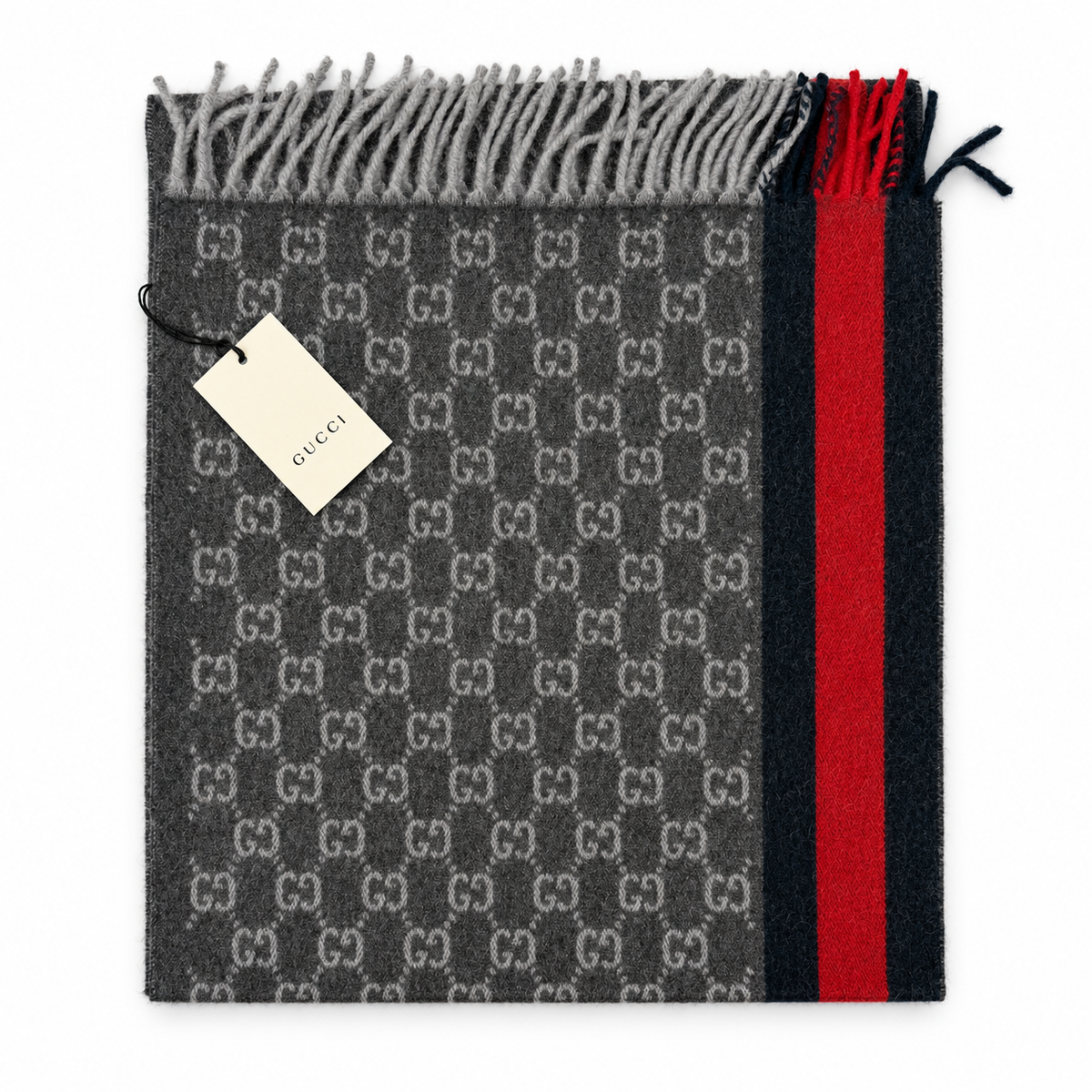 Gucci Gucci Monogram Charcoal Grey Cashmere & Wool Scarf with Red & Navy Stripe
