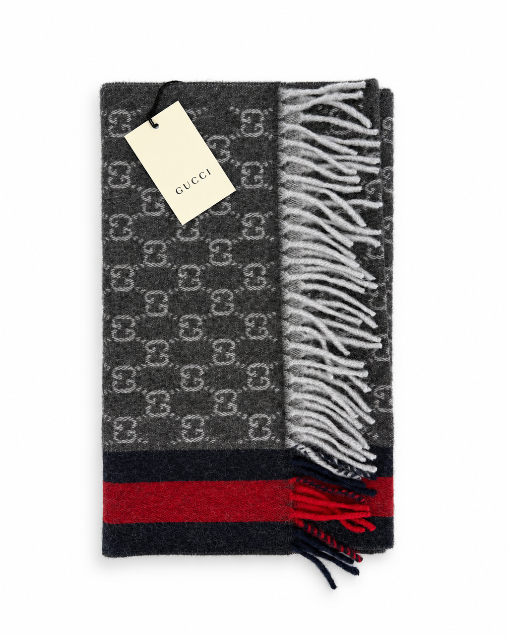 Gucci Gucci Monogram Charcoal Grey Cashmere & Wool Scarf with Red & Navy Stripe