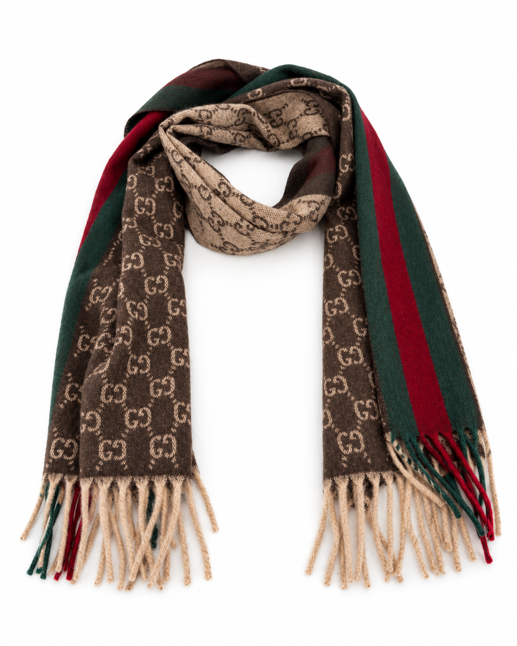Gucci Gucci Monogram Brown Cashmere & Wool Scarf with Green & Red Web Stripe