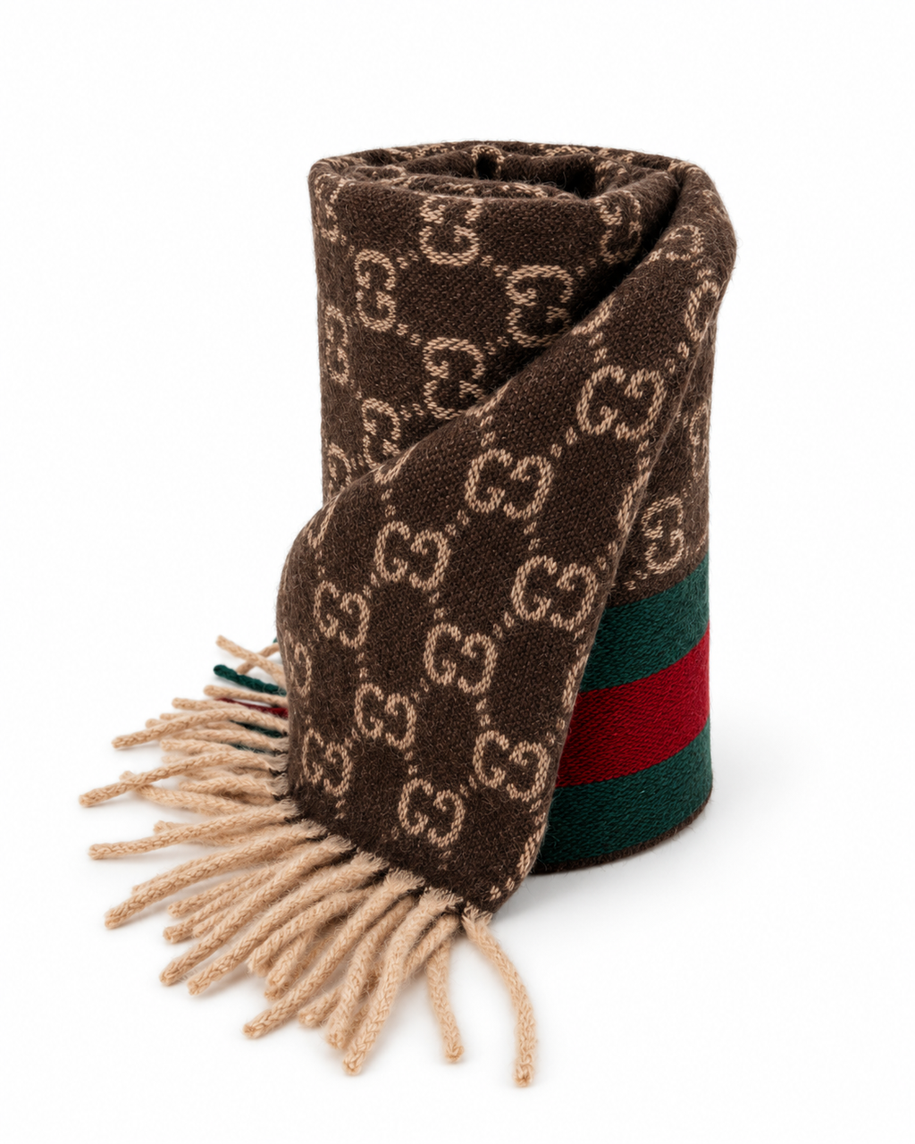 Gucci Gucci Monogram Brown Cashmere & Wool Scarf with Green & Red Web Stripe