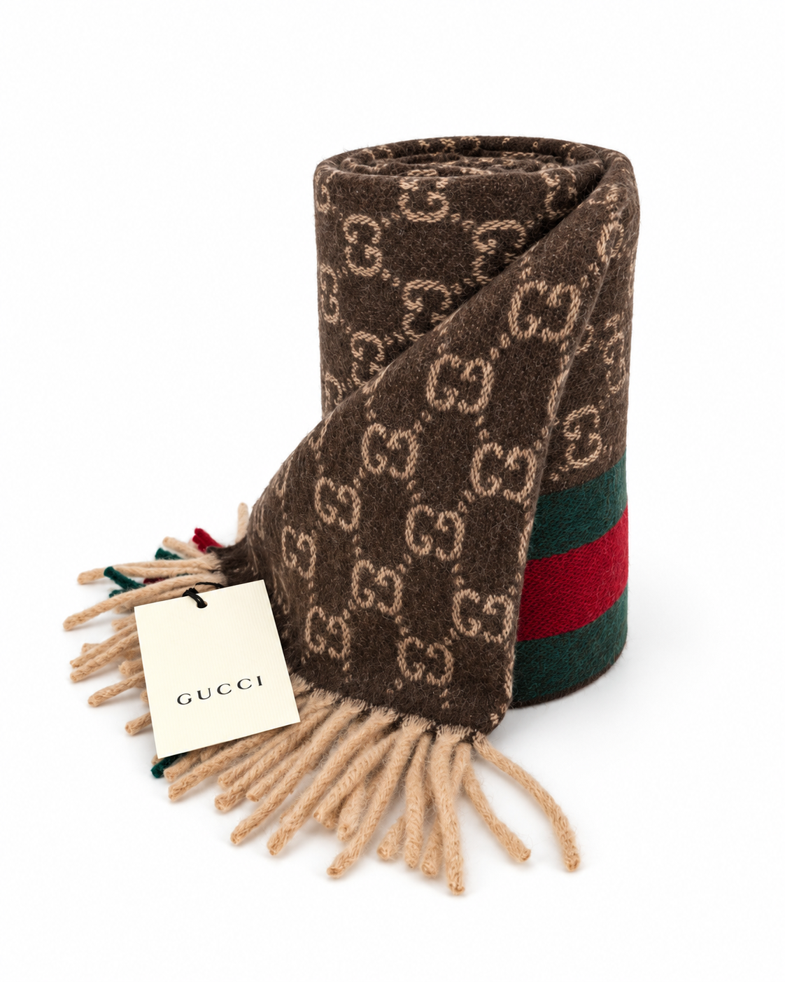 Gucci Gucci Monogram Brown Cashmere & Wool Scarf with Green & Red Web Stripe