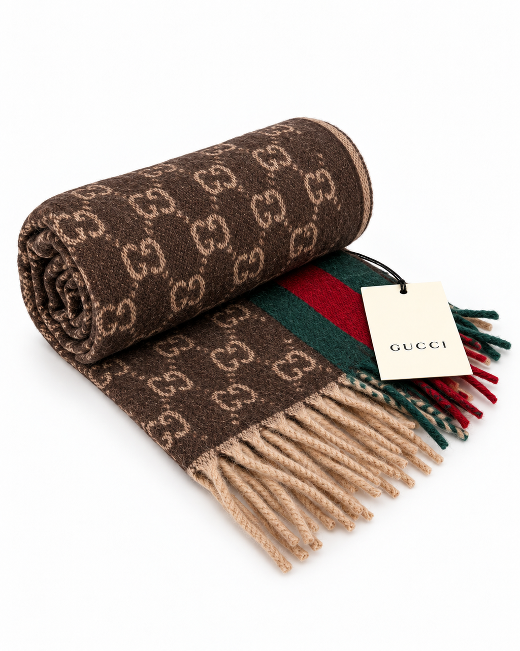 Gucci Gucci Monogram Brown Cashmere & Wool Scarf with Green & Red Web Stripe
