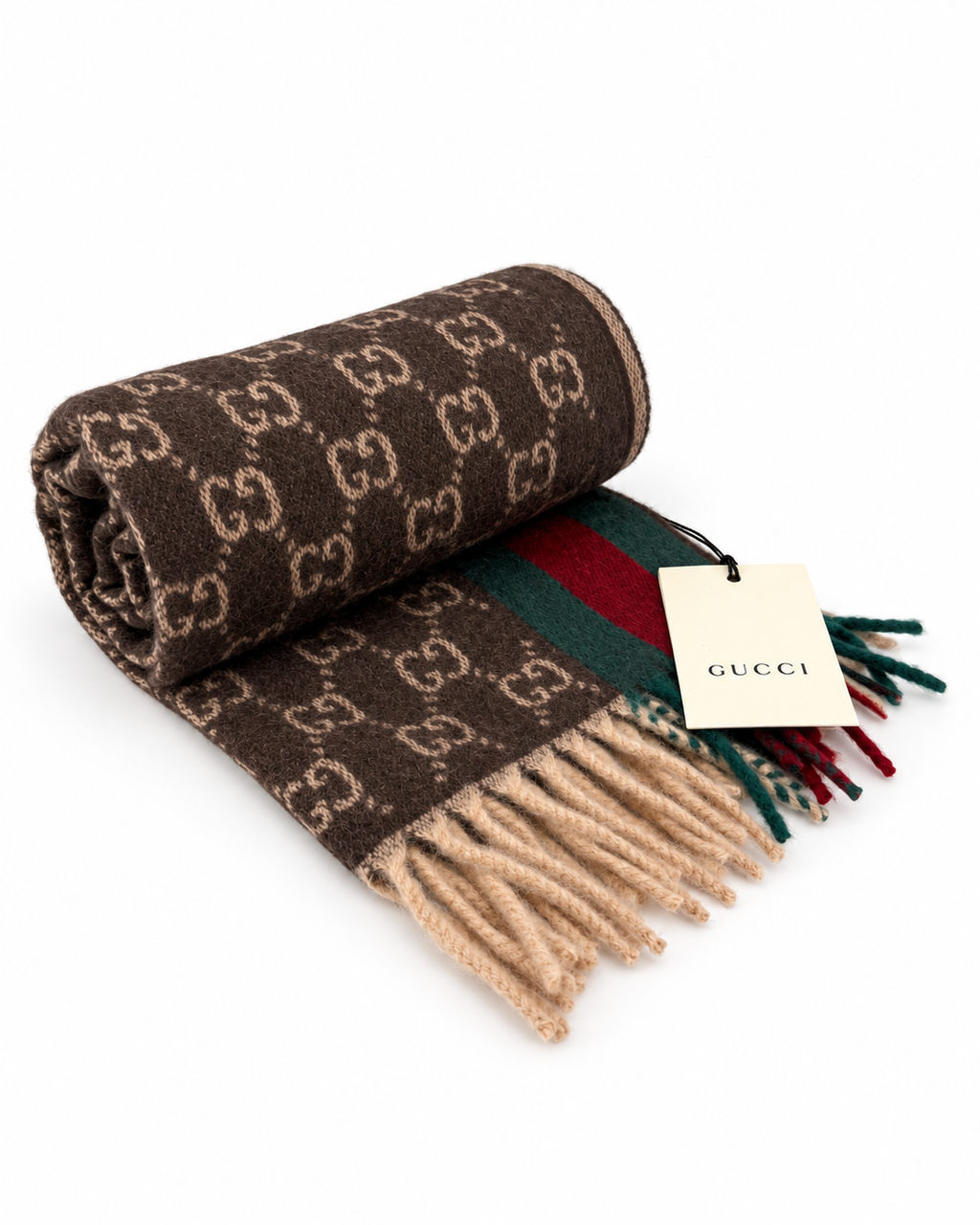 Gucci Gucci Monogram Brown Cashmere & Wool Scarf with Green & Red Web Stripe