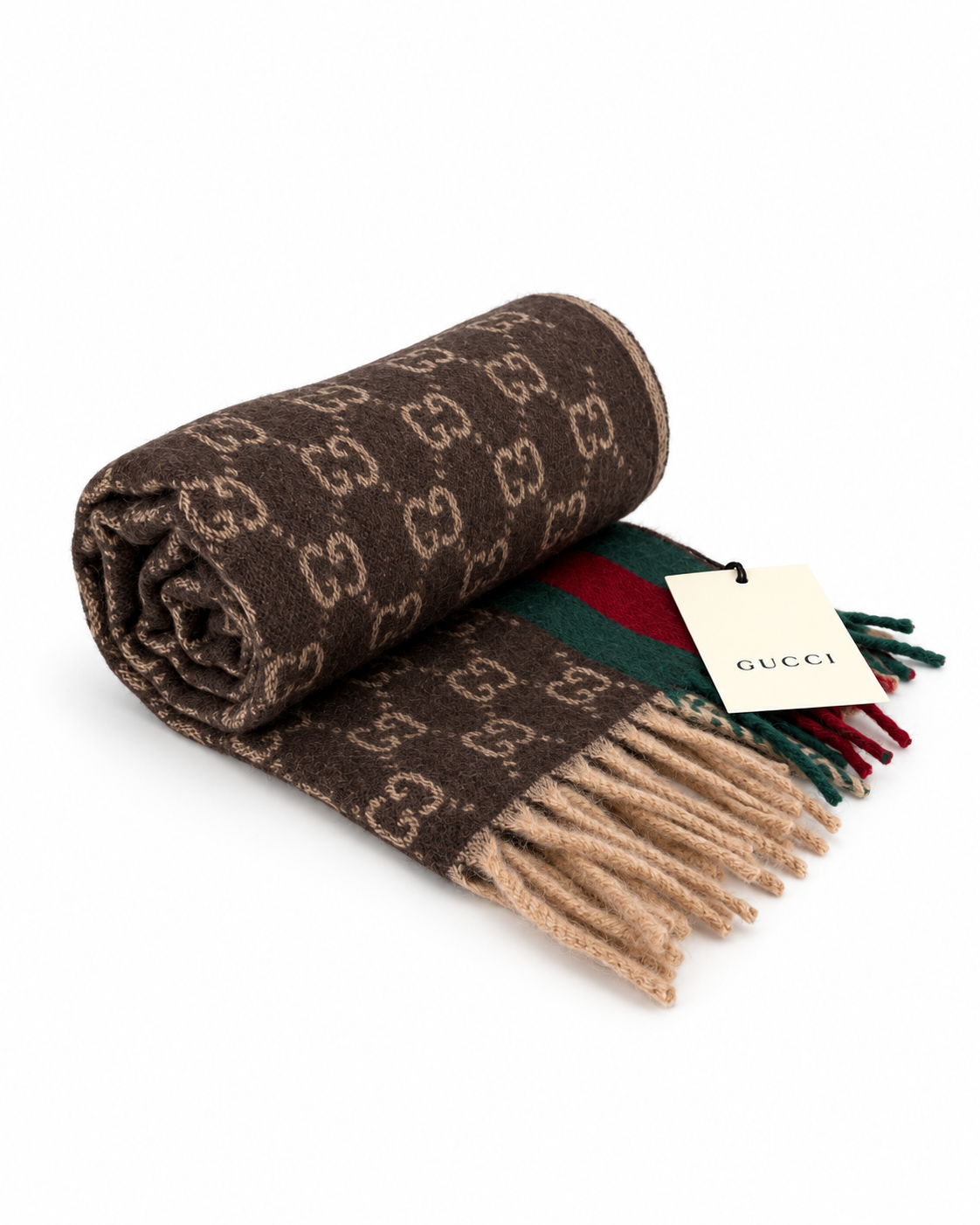 Gucci Gucci Monogram Brown Cashmere & Wool Scarf with Green & Red Web Stripe