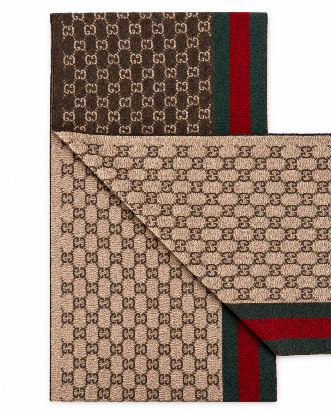Gucci Gucci Monogram Brown Cashmere & Wool Scarf with Green & Red Web Stripe