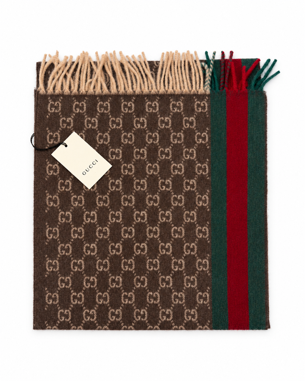 Gucci Gucci Monogram Brown Cashmere & Wool Scarf with Green & Red Web Stripe