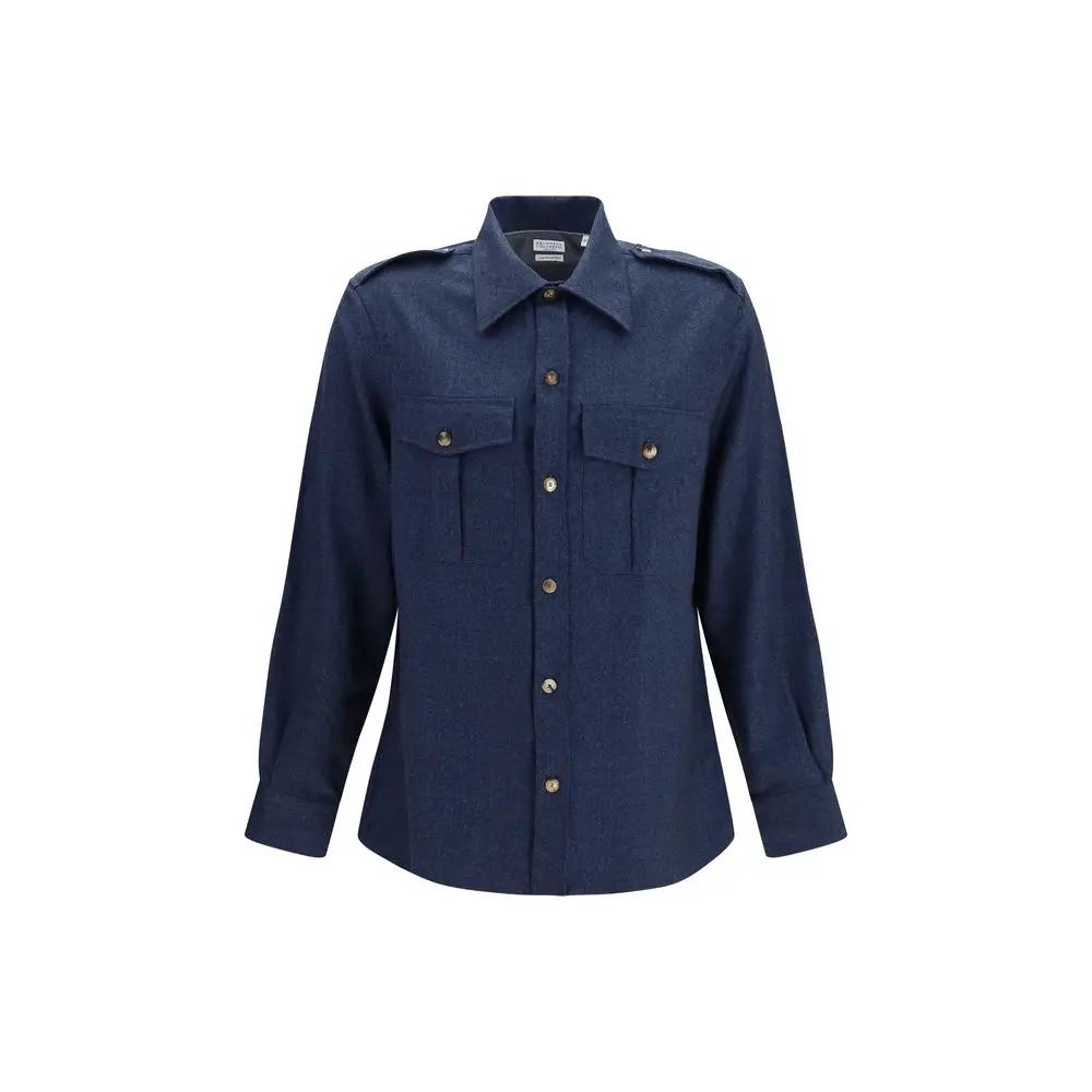 Chemise oversize en laine bleue Brunello Cucinelli