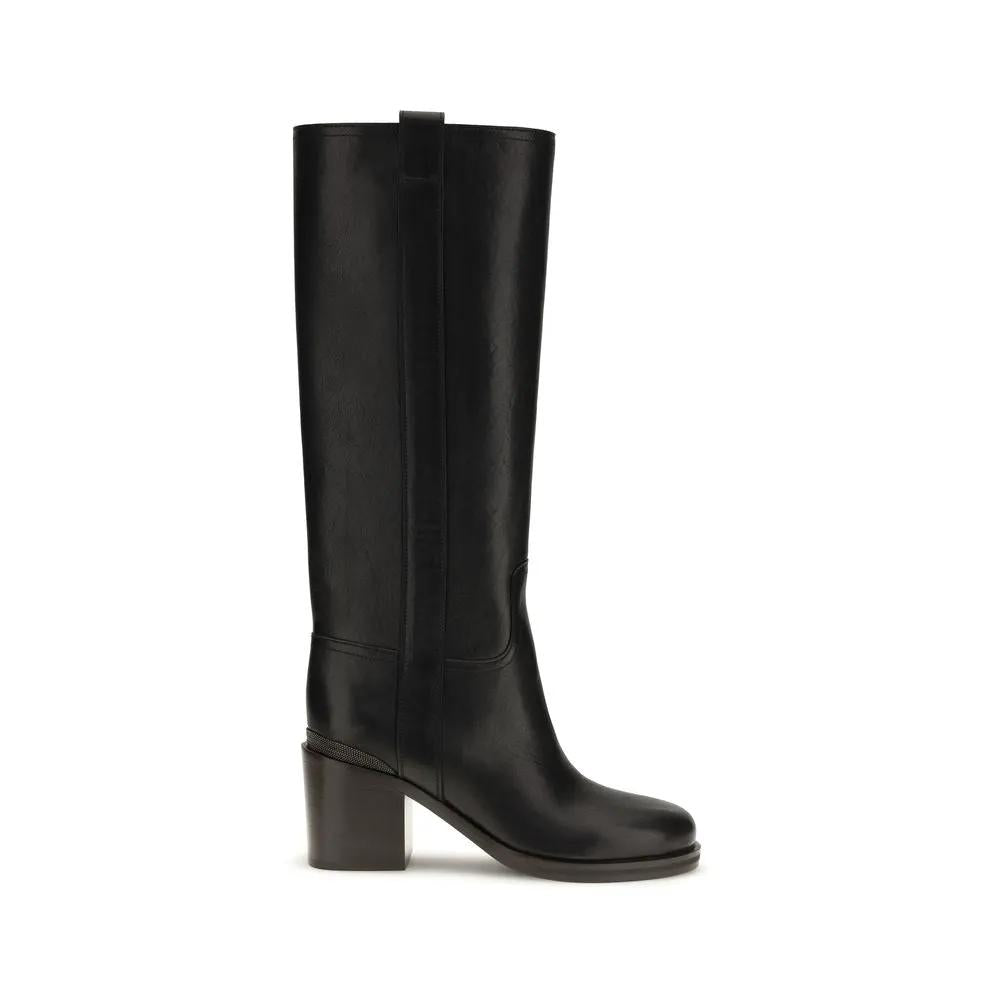 Brunello Cucinelli Black Calf Leather Bos Taurus High Heel Boots