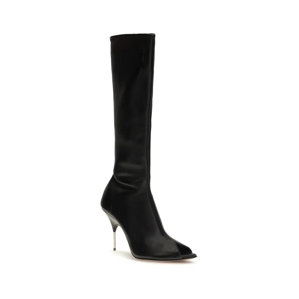 Amina Muaddi Black Napa Leather / Calf Bos Taurus High Heel Boots