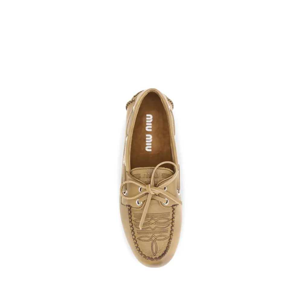 Miu Miu Miu Miu Beige Calf Leather Bos Taurus Slip-On Loafers