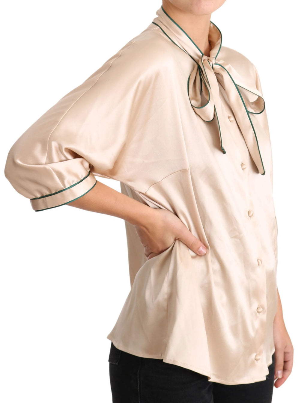 Dolce & Gabbana Beige Ribbon Silk Stretch Top Blouse by Dolce & Gabbana