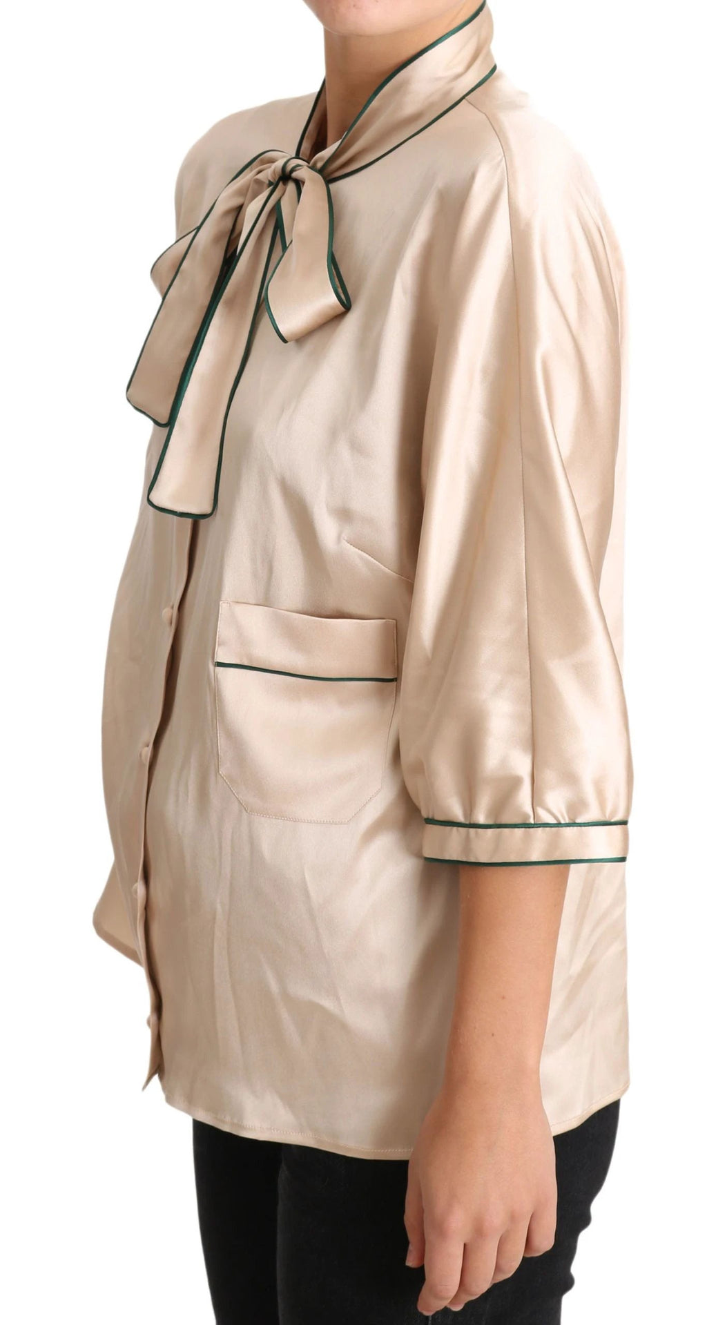 Dolce & Gabbana Beige Ribbon Silk Stretch Top Blouse by Dolce & Gabbana