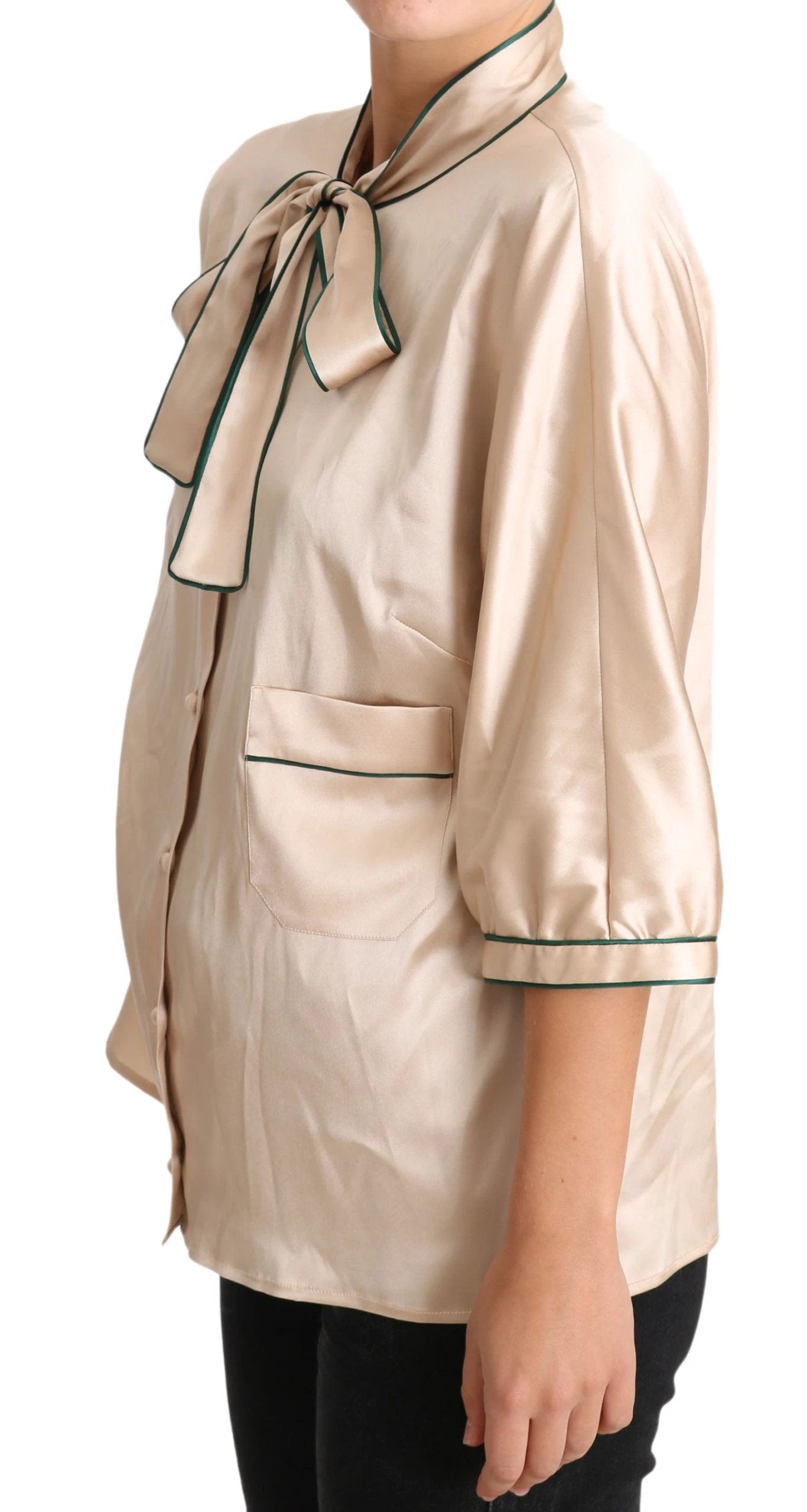 Dolce & Gabbana Beige Ribbon Silk Stretch Top Blouse by Dolce & Gabbana