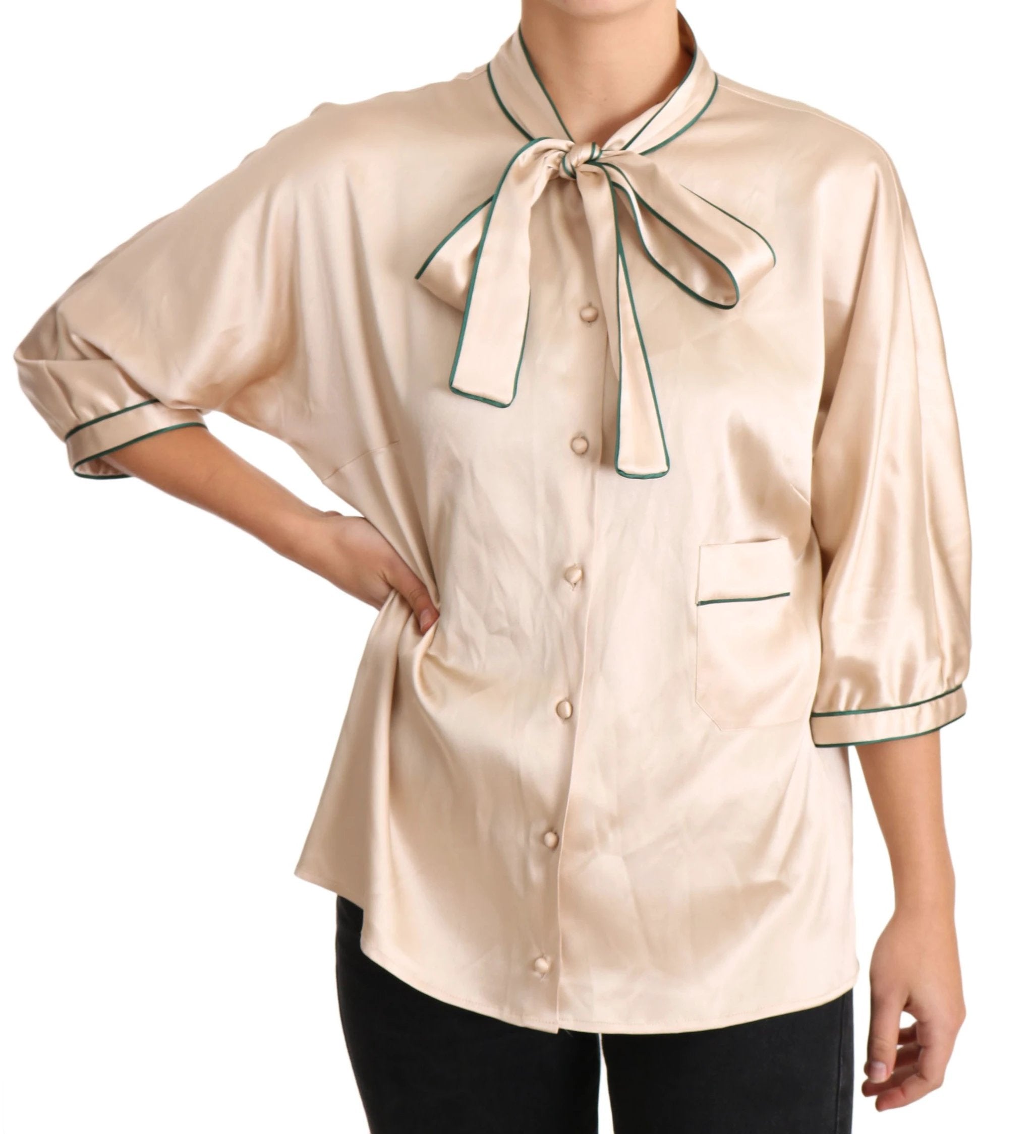Dolce & Gabbana Beige Ribbon Silk Stretch Top Blouse by Dolce & Gabbana