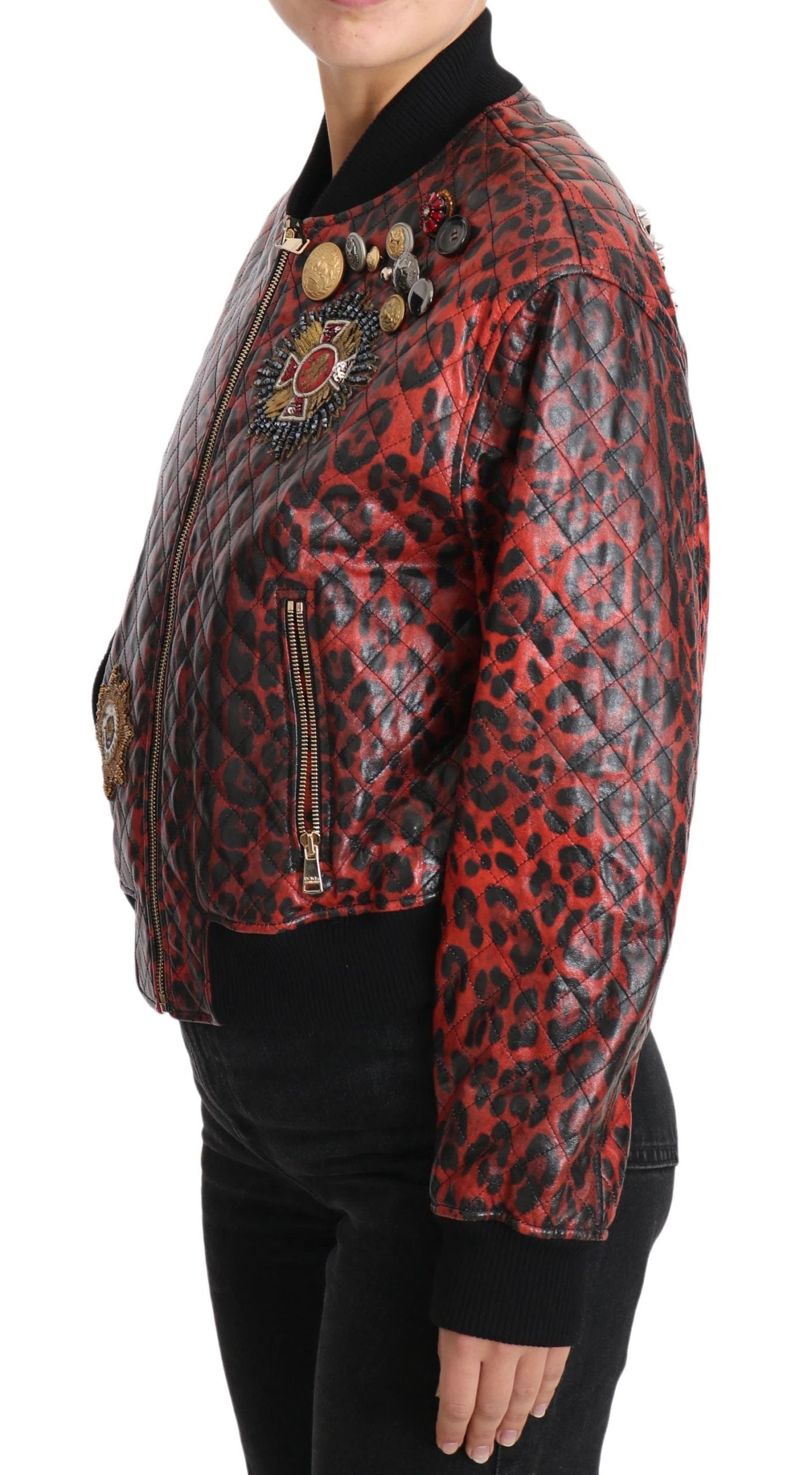 Dolce & Gabbana Red Leopard Button Crystal Leather Jacket by Dolce & Gabbana