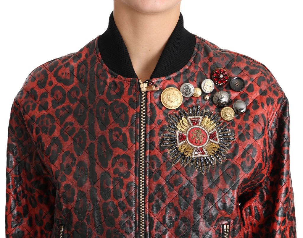 Dolce & Gabbana Red Leopard Button Crystal Leather Jacket by Dolce & Gabbana