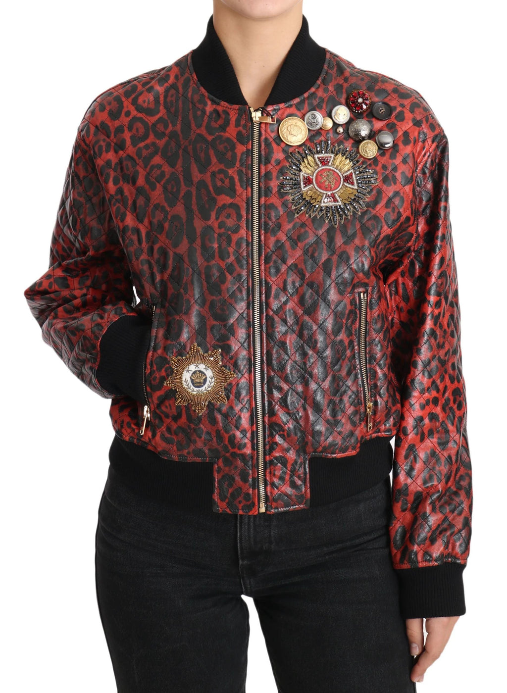 Dolce & Gabbana Red Leopard Button Crystal Leather Jacket by Dolce & Gabbana