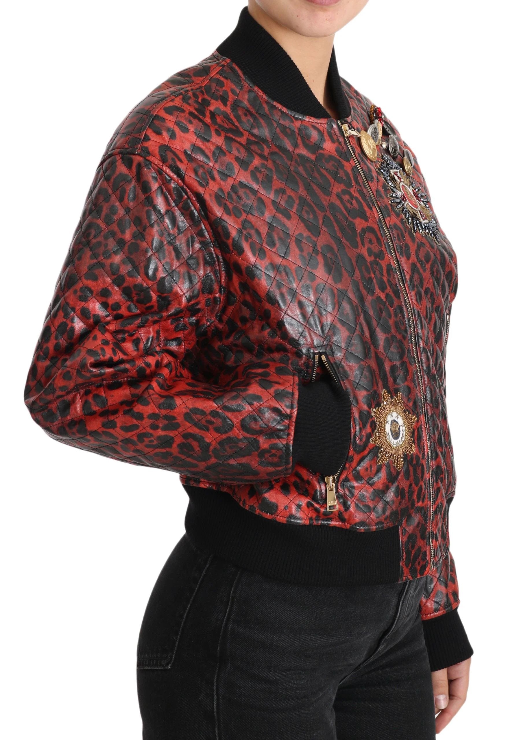 Dolce & Gabbana Red Leopard Button Crystal Leather Jacket by Dolce & Gabbana
