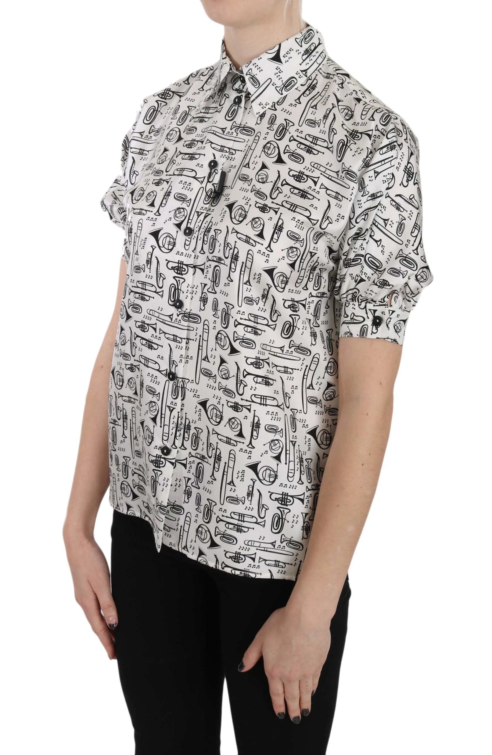 Dolce & Gabbana Trumpet Print Button Front Silk Top Blouse by Dolce & Gabbana