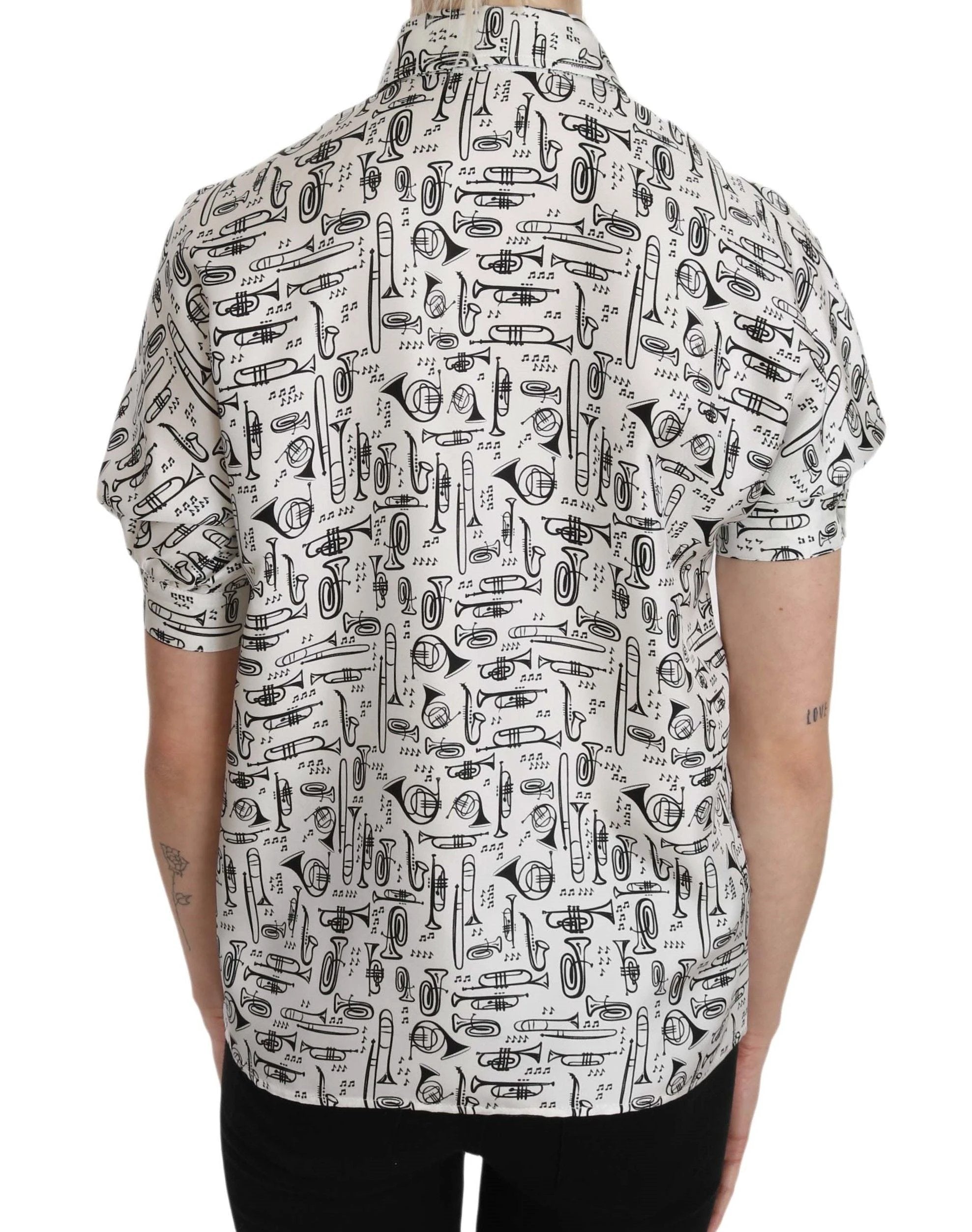 Dolce & Gabbana Trumpet Print Button Front Silk Top Blouse by Dolce & Gabbana