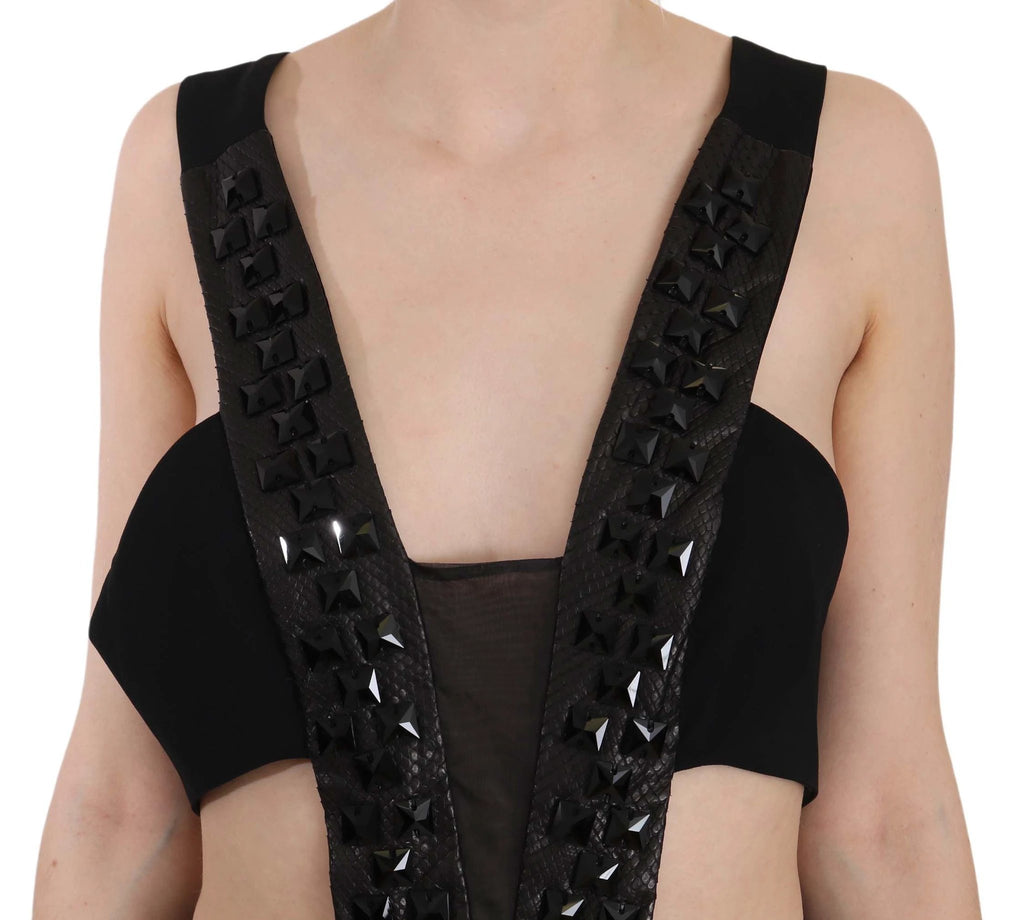 John Richmond Black Crystal Leather Gown Flare Dress by John Richmond