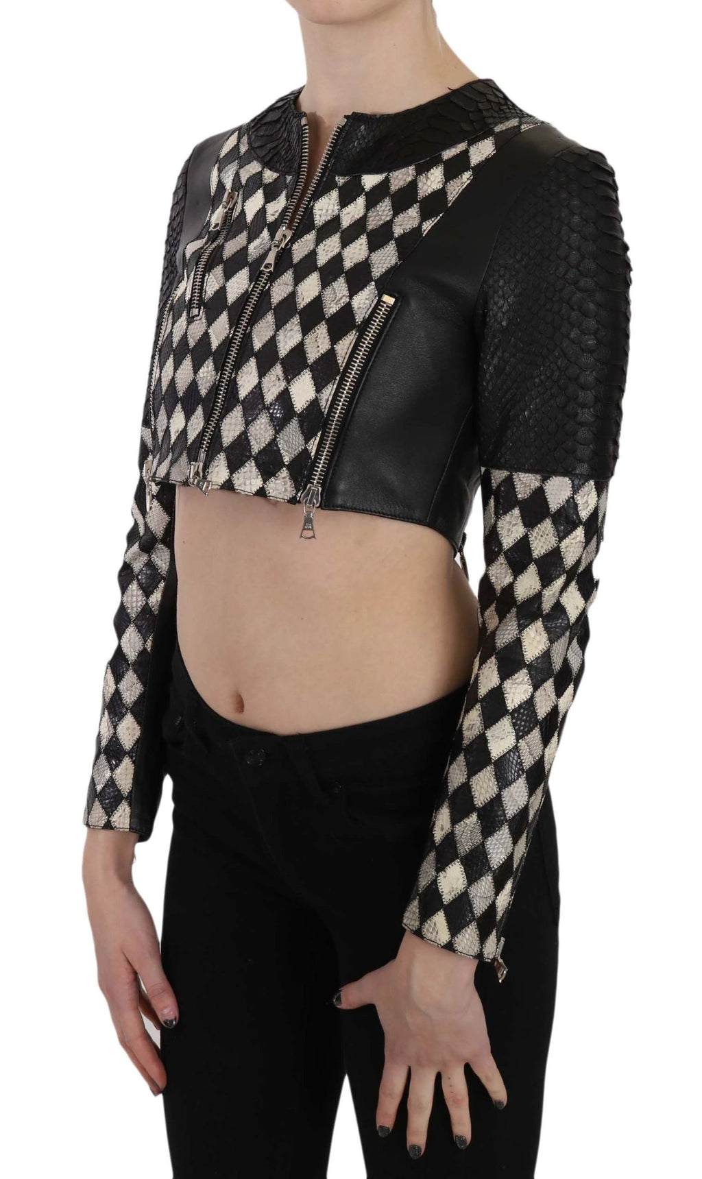 John Richmond Black White Leather Short Cropped Biker Jacket Coat by John Richmond