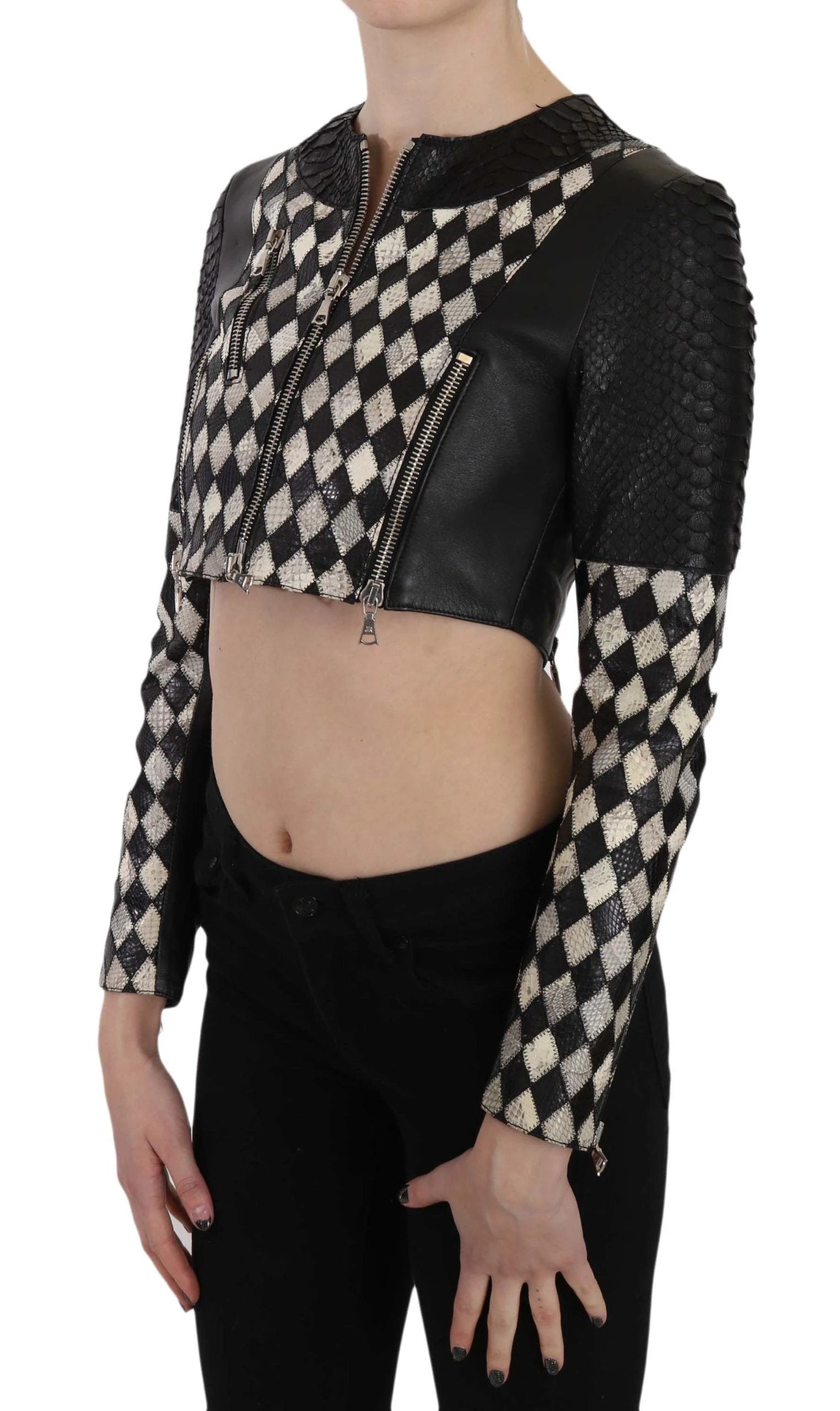 John Richmond Black White Leather Short Cropped Biker Jacket Coat by John Richmond