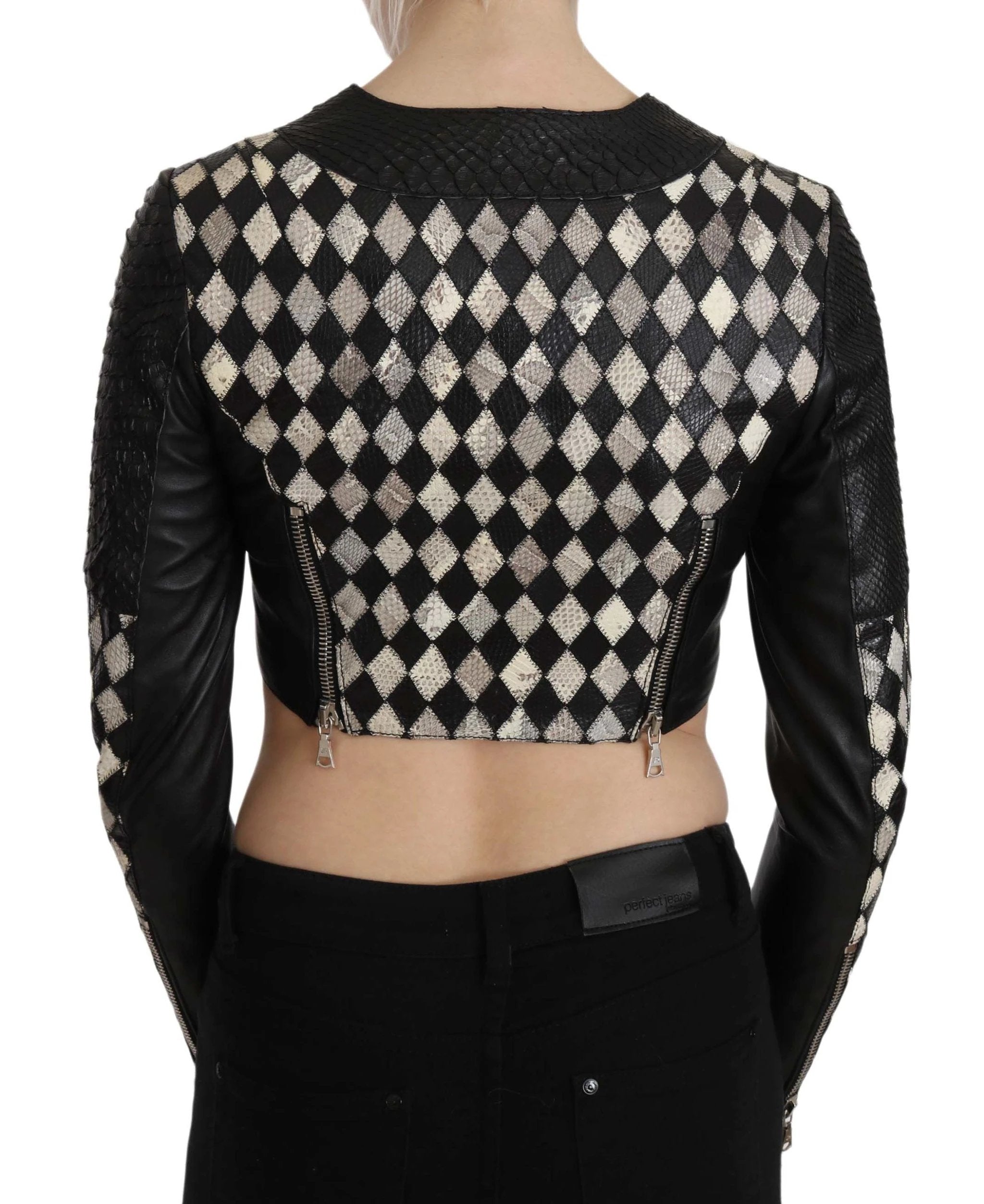 John Richmond Black White Leather Short Cropped Biker Jacket Coat by John Richmond