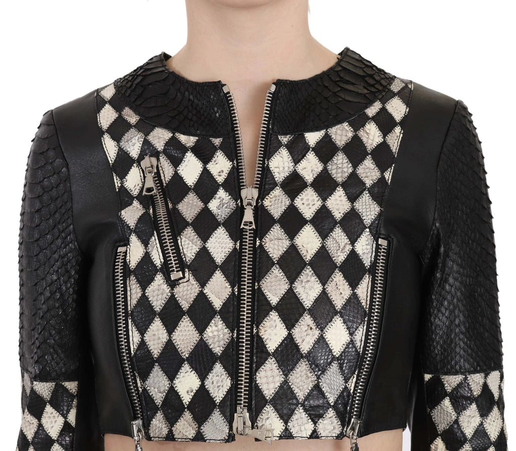 John Richmond Black White Leather Short Cropped Biker Jacket Coat by John Richmond