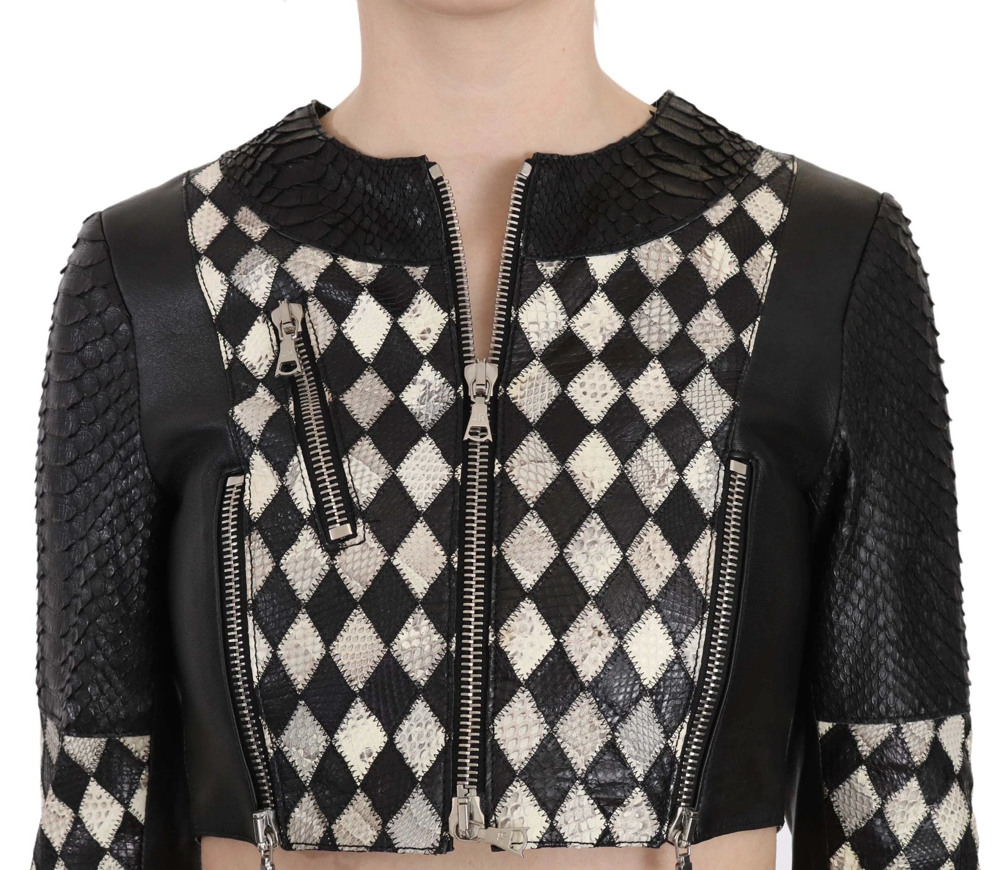John Richmond Black White Leather Short Cropped Biker Jacket Coat by John Richmond
