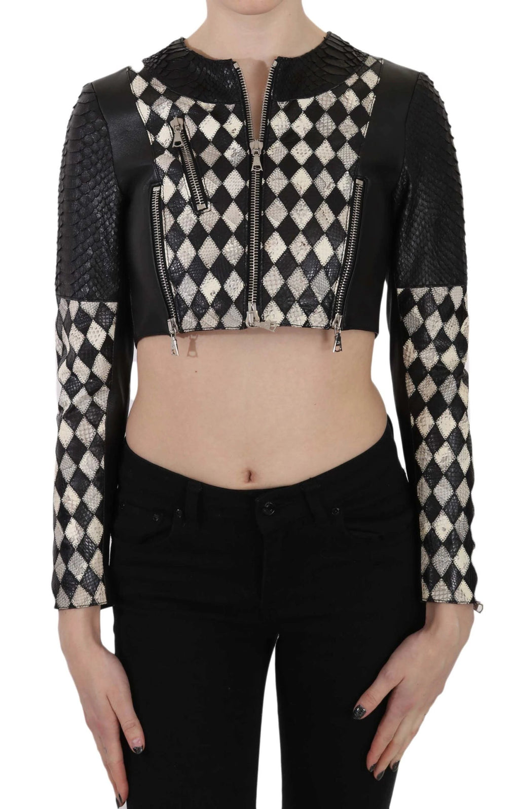 John Richmond Black White Leather Short Cropped Biker Jacket Coat by John Richmond