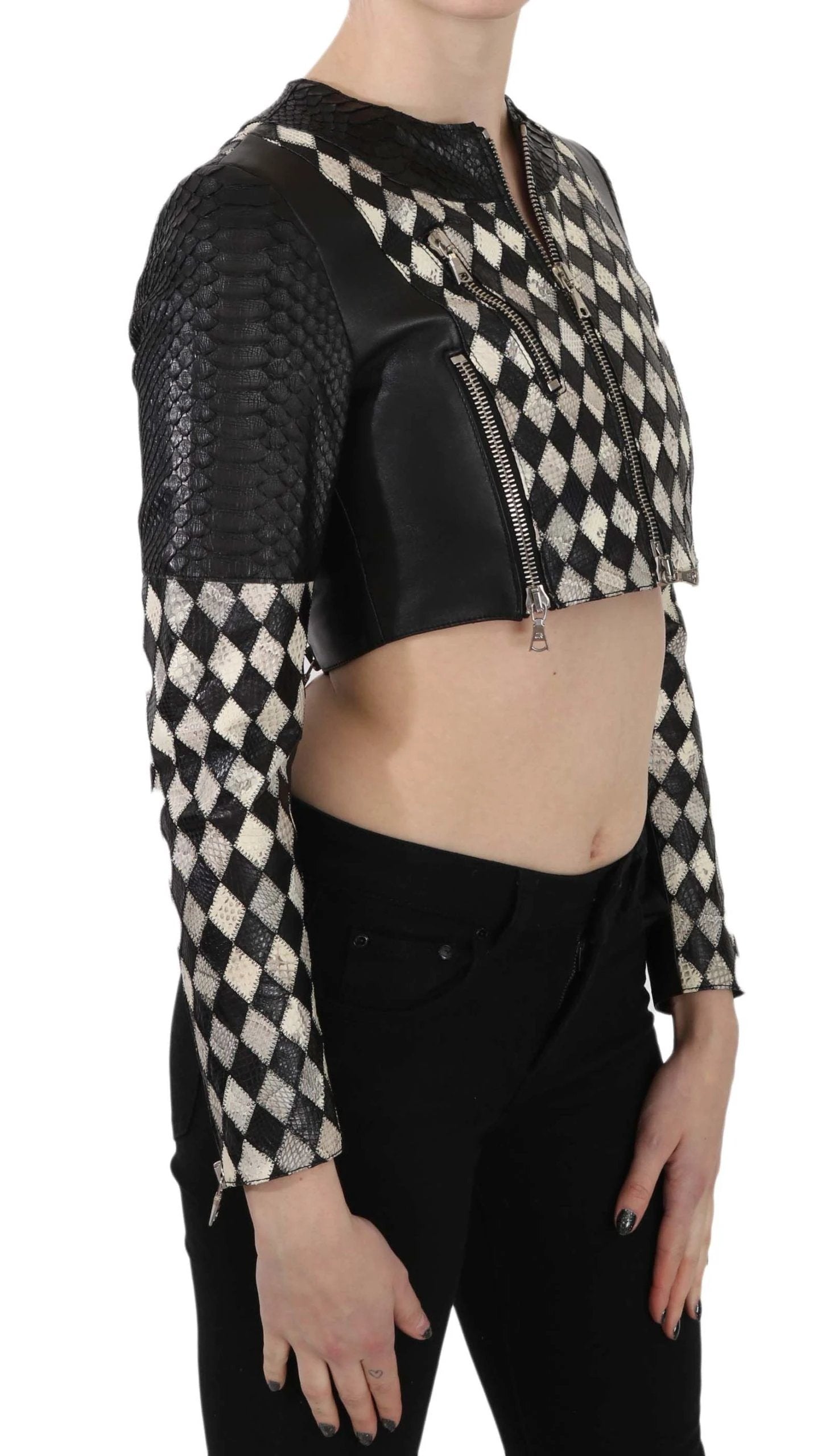 John Richmond Black White Leather Short Cropped Biker Jacket Coat by John Richmond