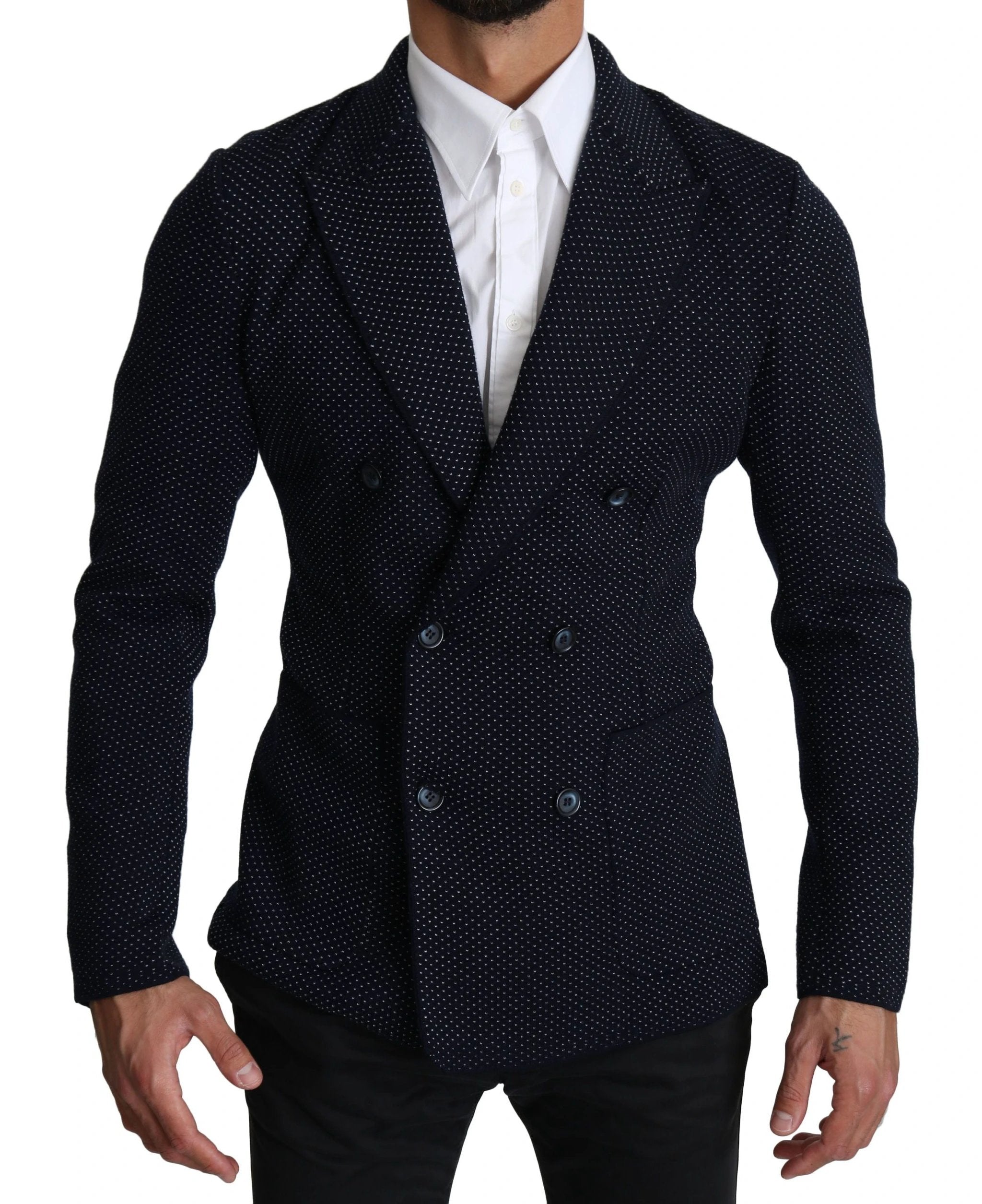 Dolce & Gabbana Dark Blue Dotted Double Breasted Coat Blazer by Dolce & Gabbana