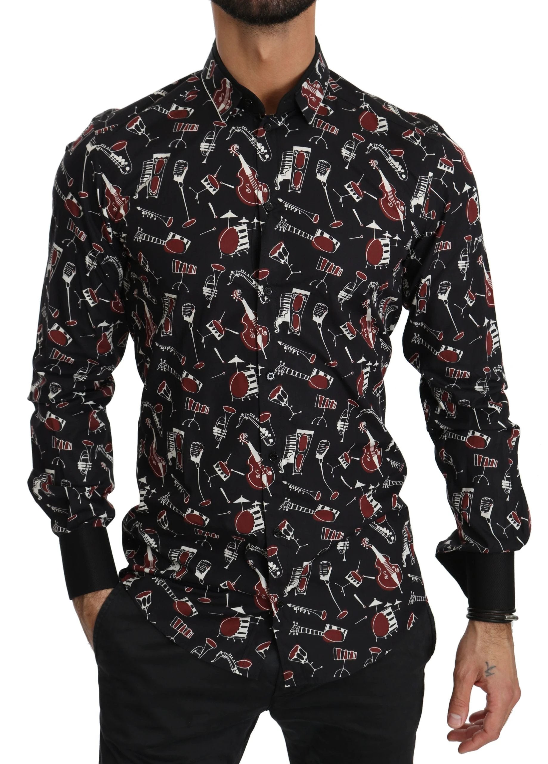 Dolce & Gabbana Black Musical Instrument Slim fit Shirt by Dolce & Gabbana