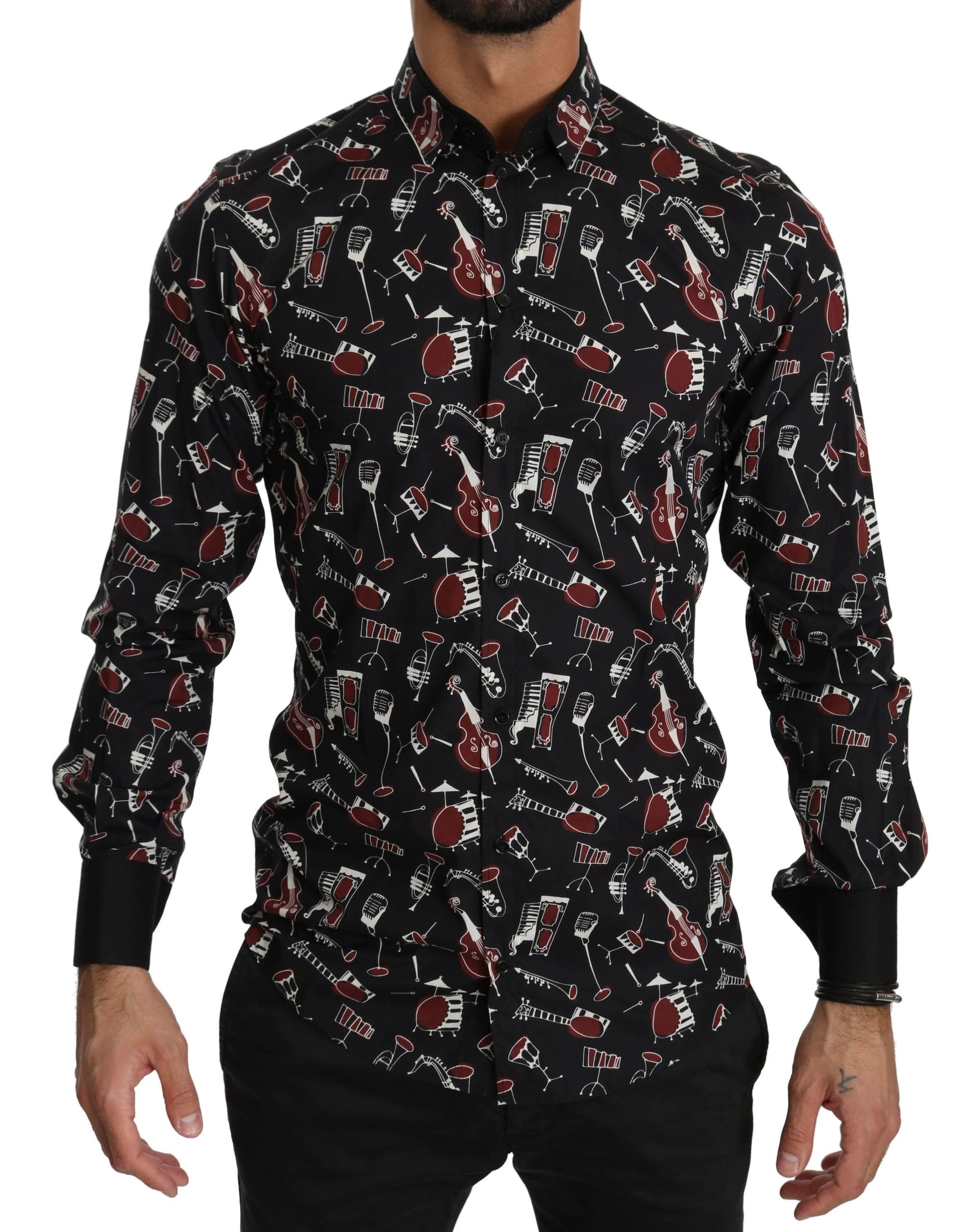 Dolce & Gabbana Black Musical Instrument Slim fit Shirt by Dolce & Gabbana