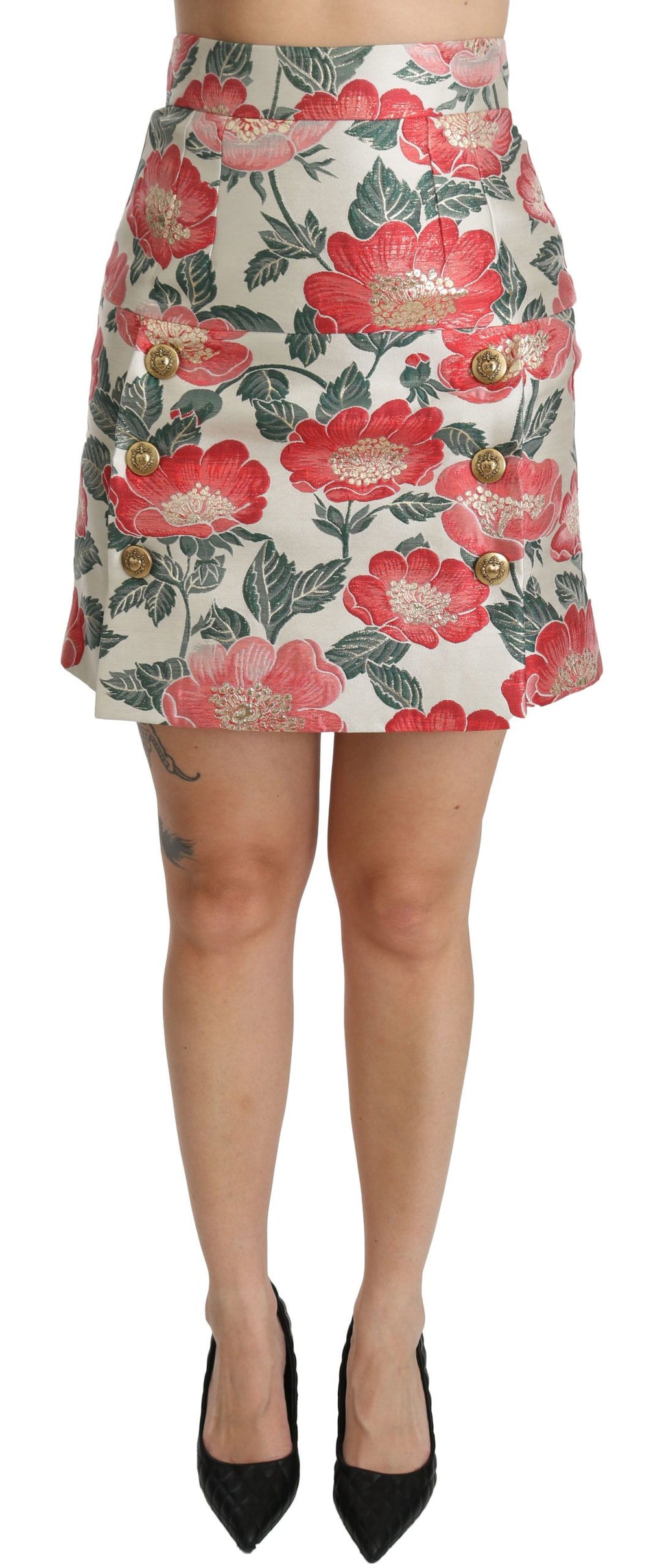 Dolce & Gabbana White Green Red Floral High Waist Mini Skirt by Dolce & Gabbana