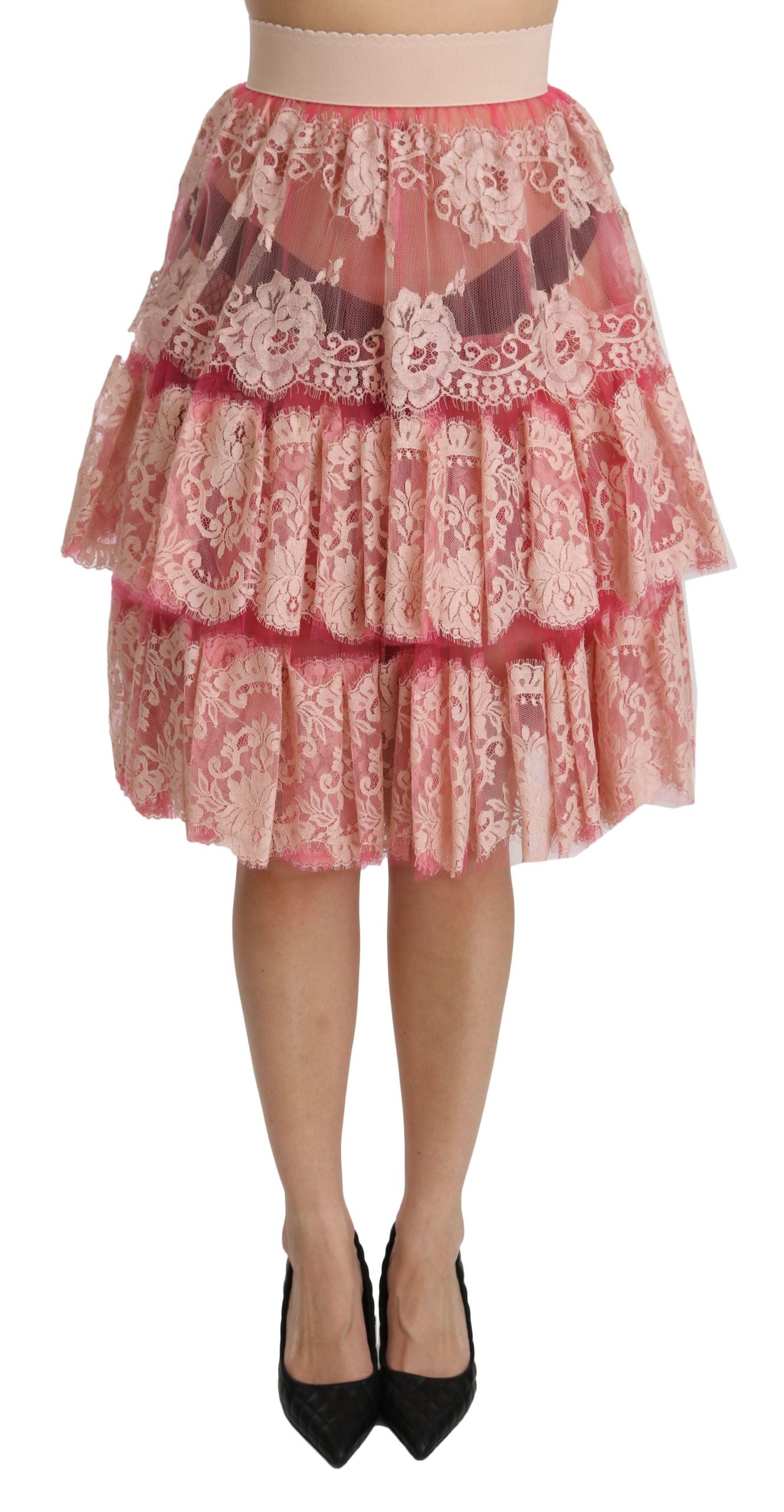 Dolce & Gabbana Pink Lace Layered High Waist Knee Length Skirt by Dolce & Gabbana