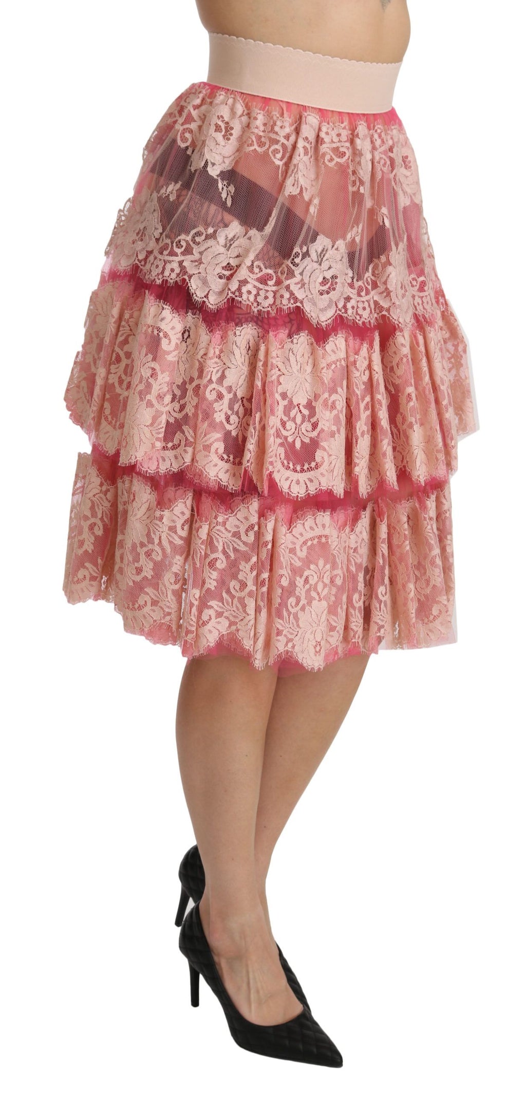 Dolce & Gabbana Pink Lace Layered High Waist Knee Length Skirt by Dolce & Gabbana