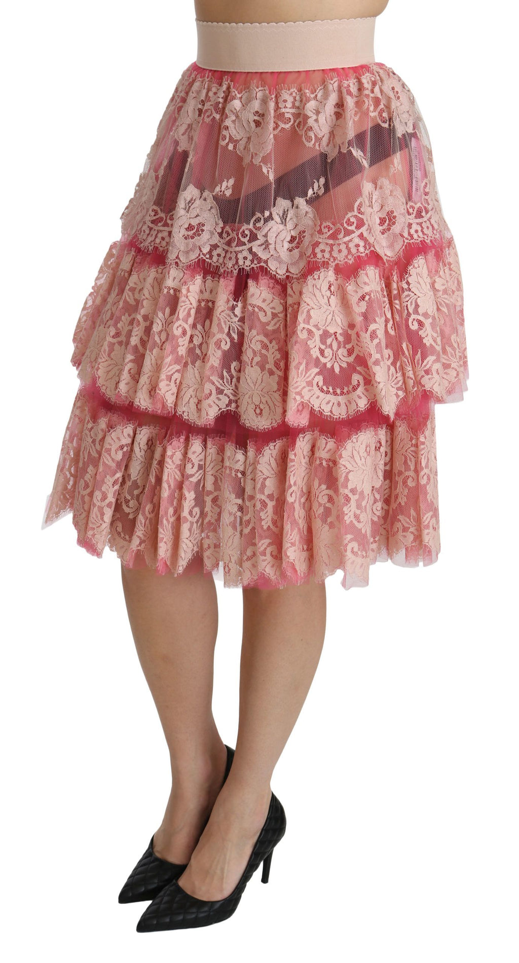 Dolce & Gabbana Pink Lace Layered High Waist Knee Length Skirt by Dolce & Gabbana