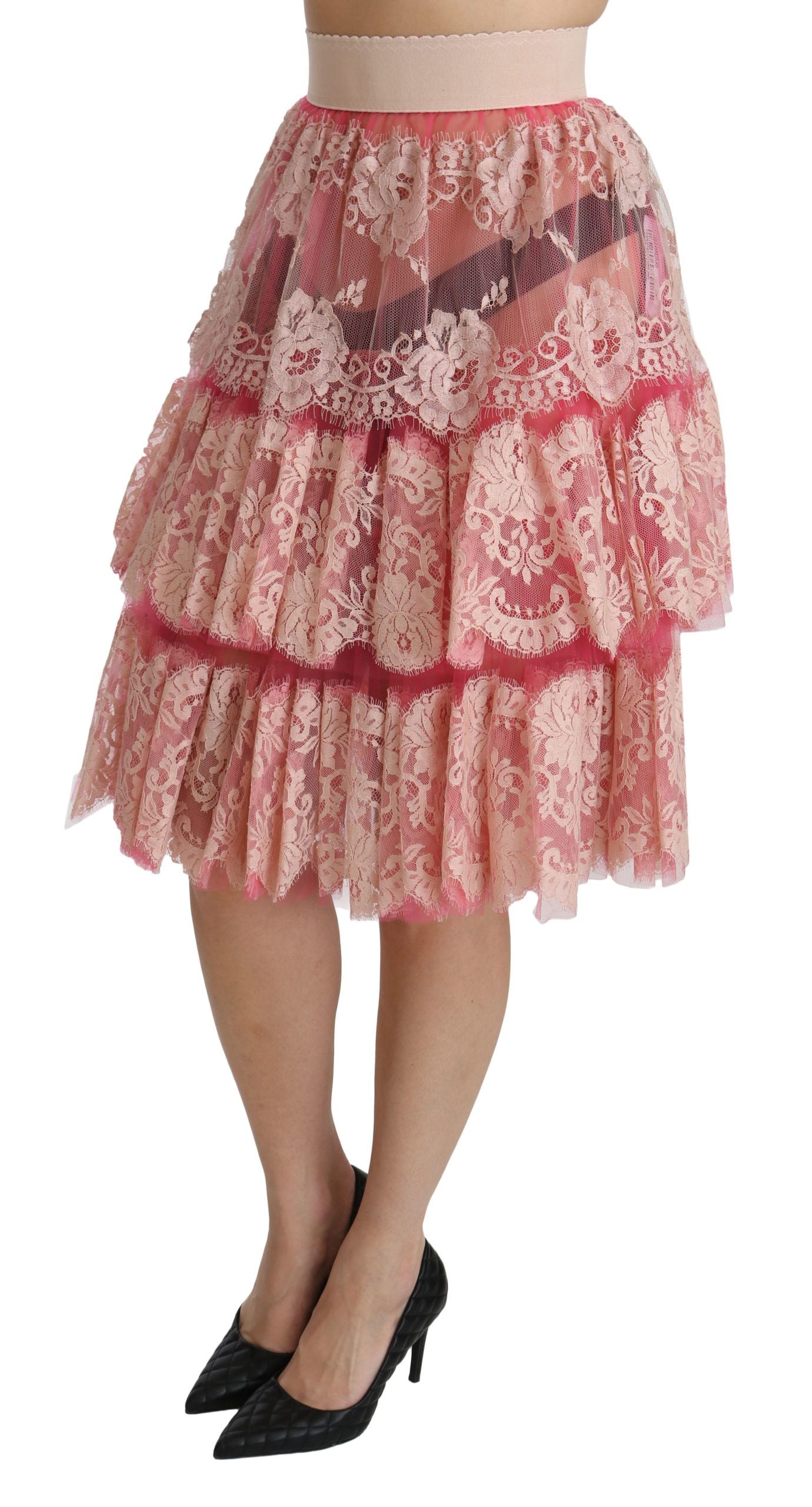 Dolce & Gabbana Pink Lace Layered High Waist Knee Length Skirt by Dolce & Gabbana