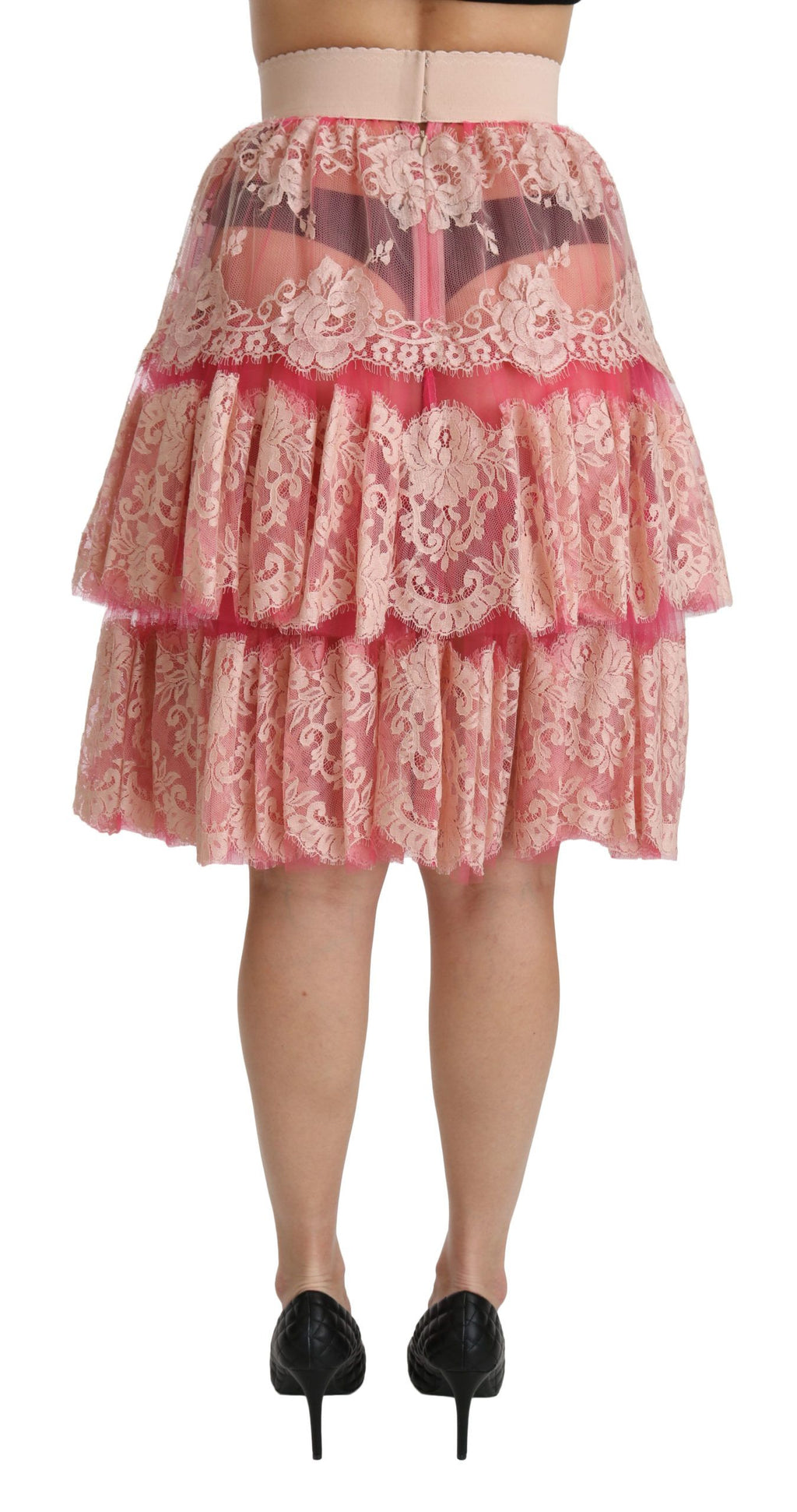 Dolce & Gabbana Pink Lace Layered High Waist Knee Length Skirt by Dolce & Gabbana