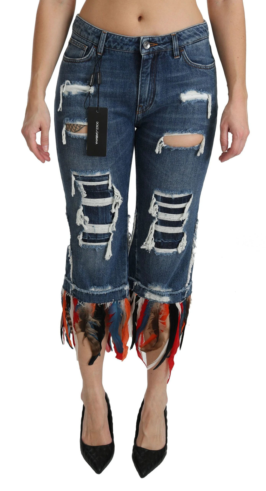 Dolce & Gabbana Blue Feathers Low Waist Cropped Cotton Jeans by Dolce & Gabbana